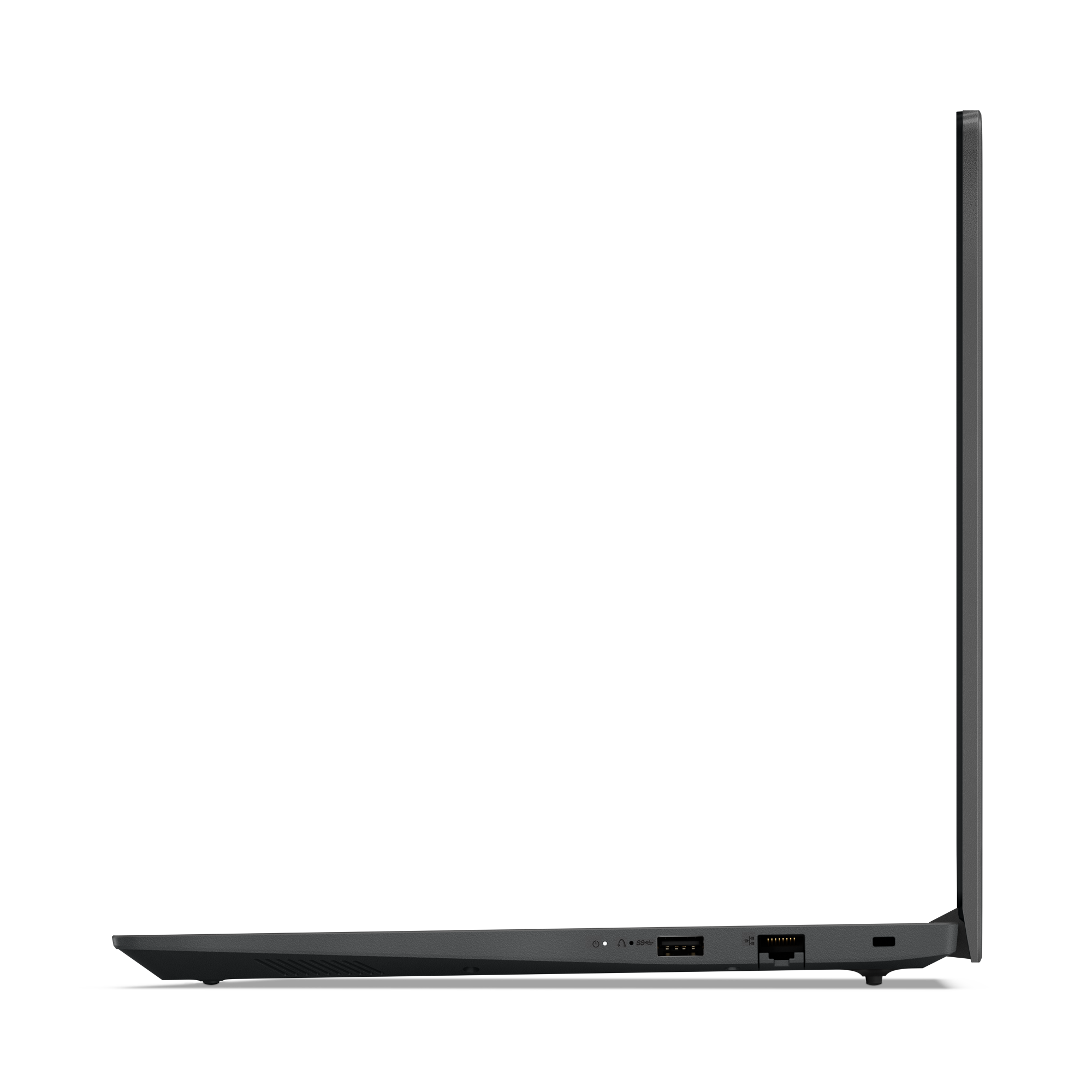 Seitenansicht eines grauen Laptops mit sichtbaren Anschlüssen. Der Bildschirm ist weiß. Die Basis ist grau und die Seite schwarz.