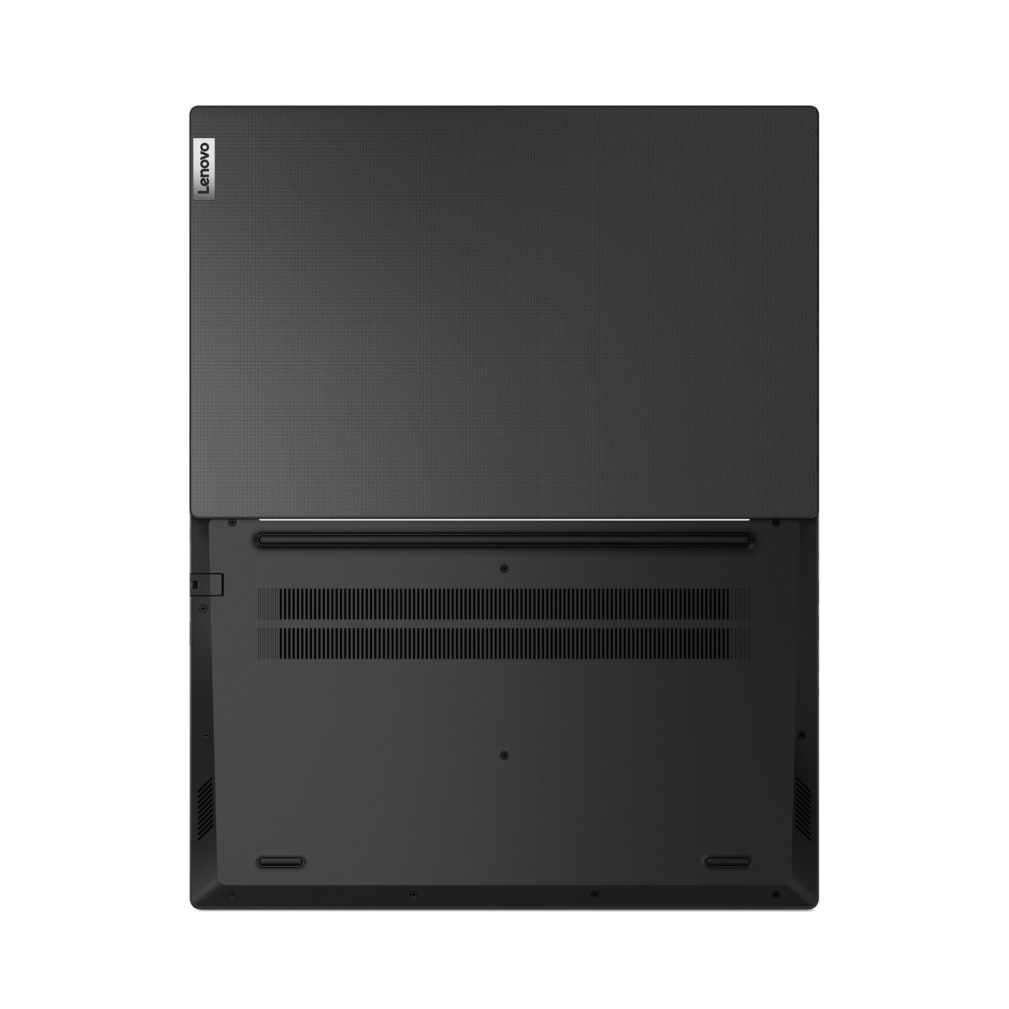 Draufsicht auf einen schwarzen Lenovo-Laptop. Der Bildschirm ist geöffnet und gibt die Tastatur frei. Der Hintergrund ist weiß.