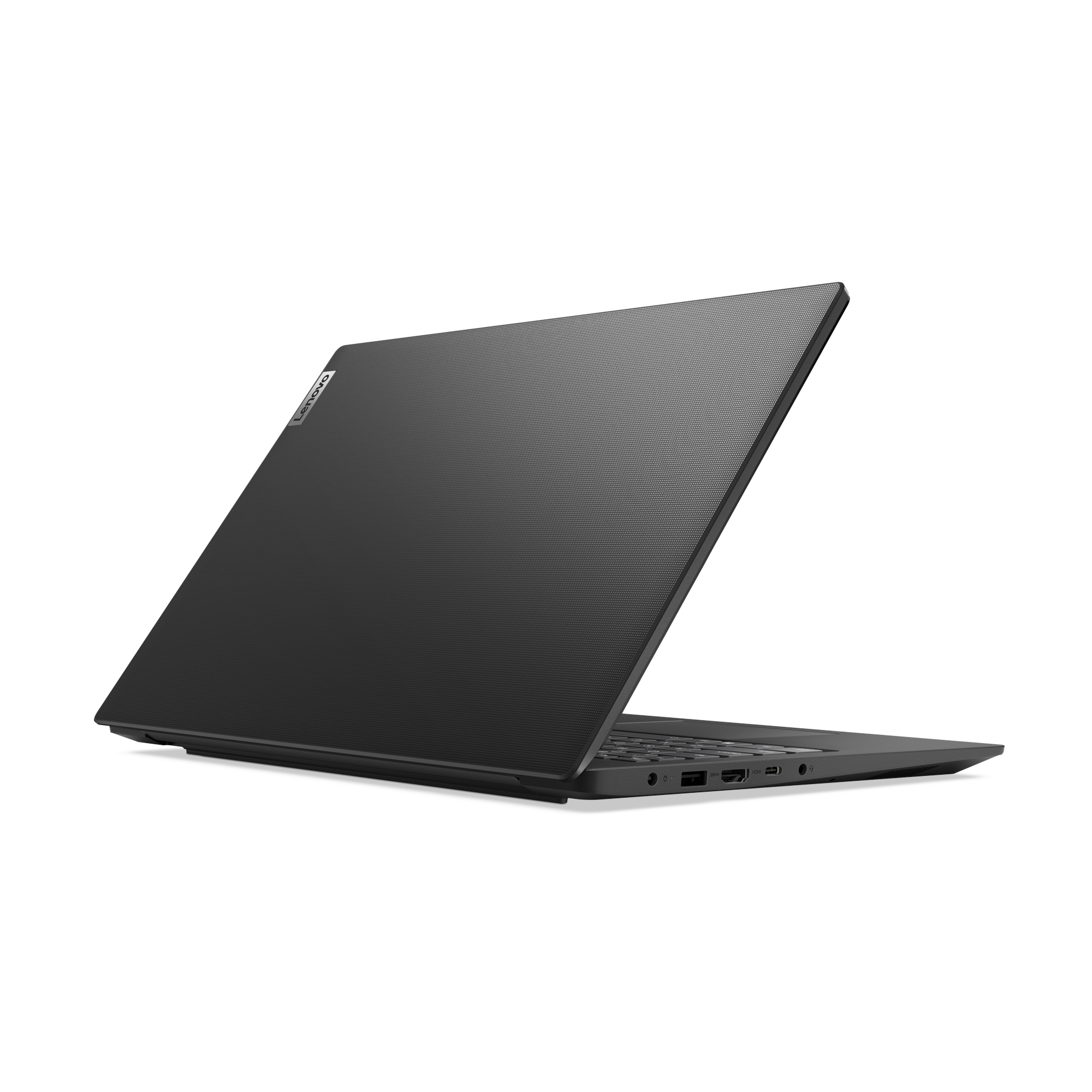Ein schwarzer Lenovo-Laptop ist leicht geöffnet und zeigt die Tastatur und Anschlüsse. Der Deckel ist strukturiert und abgewinkelt.