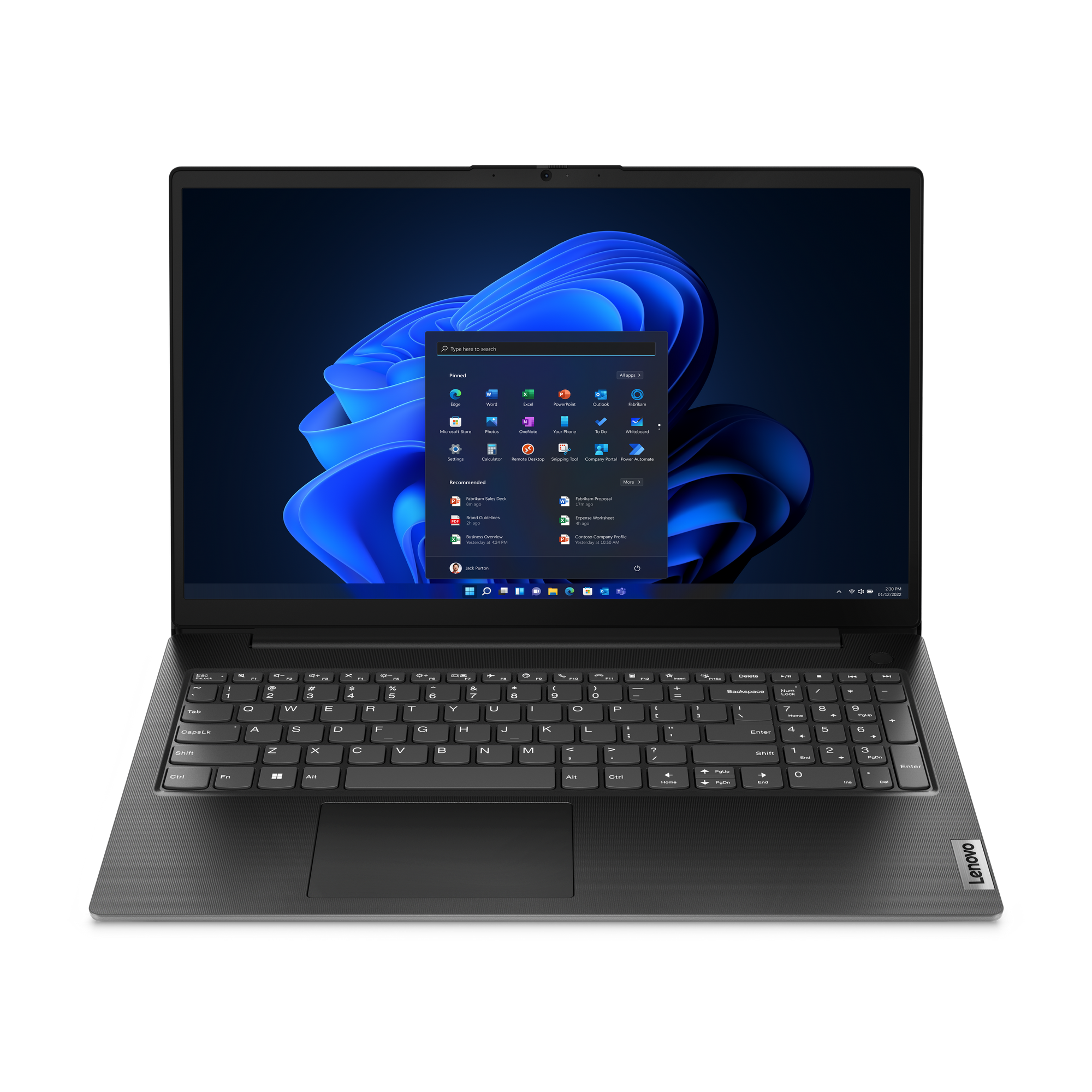 Ein Lenovo-Laptop zeigt das Windows 11-Startmenü. Die Tastatur ist sichtbar. Blauer und weißer Hintergrund auf dem Bildschirm.