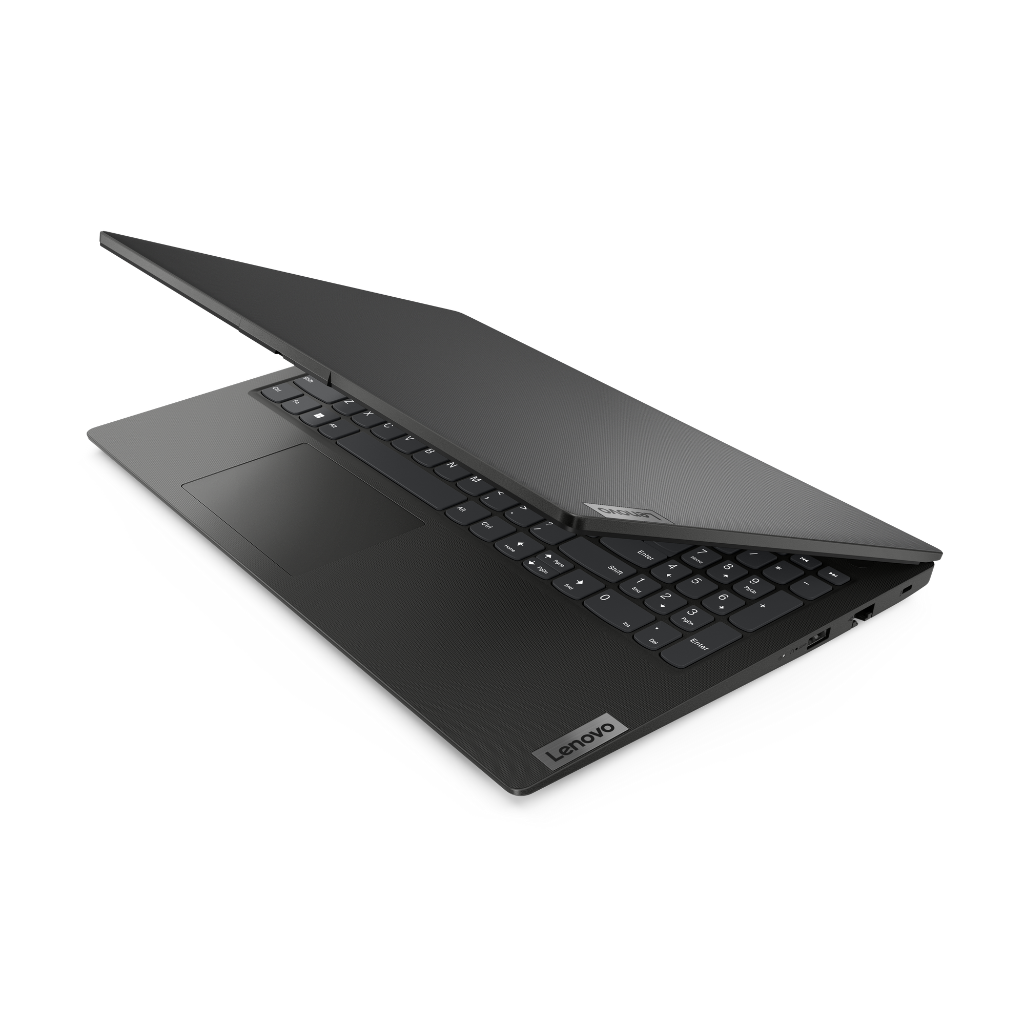 Ein schwarzer Lenovo-Laptop ist geöffnet und zeigt Tastatur und Touchpad. Der Bildschirm ist leicht geöffnet, auf grauem Hintergrund.