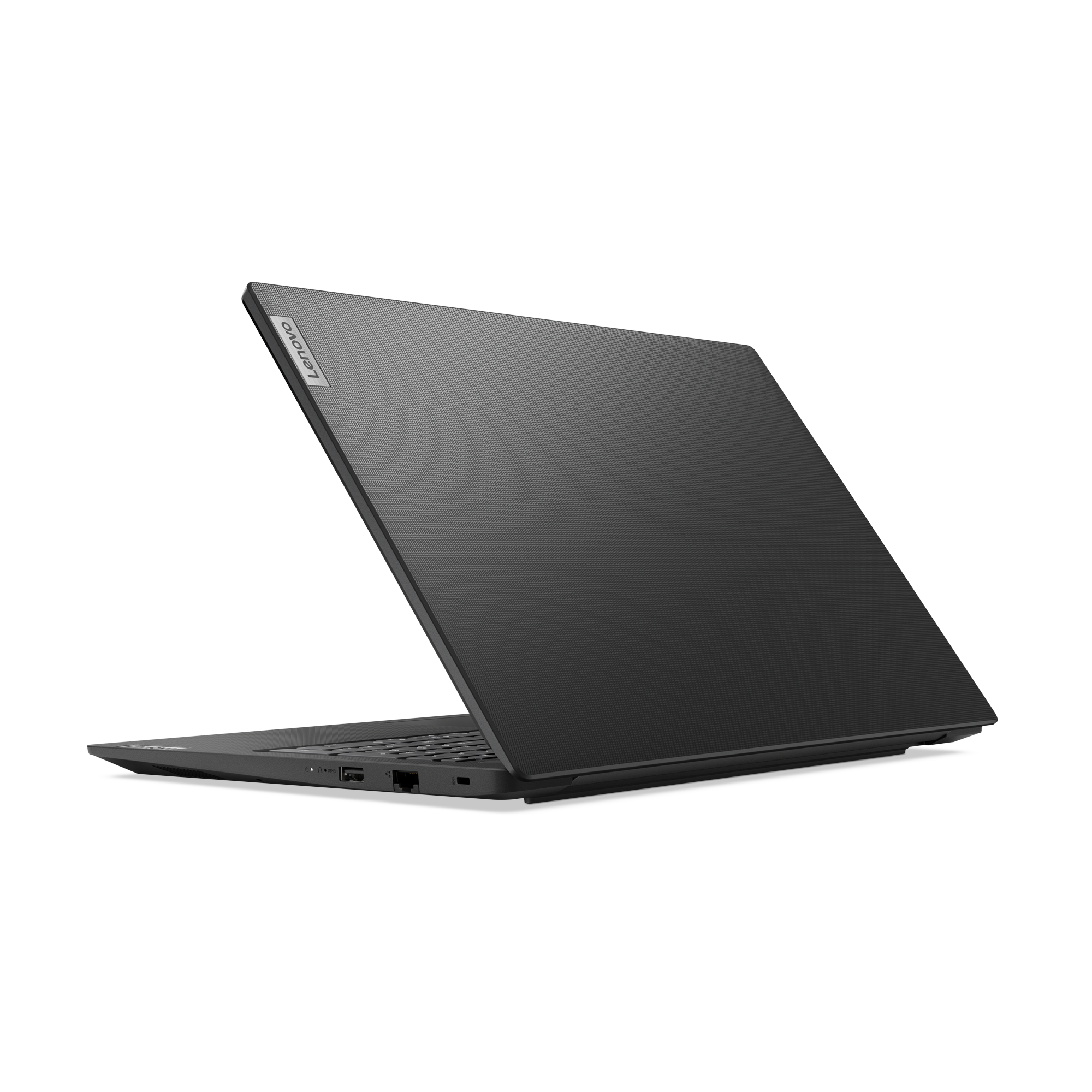 Ein schwarzer Lenovo-Laptop ist leicht geöffnet dargestellt. Der Deckel ist strukturiert, das Lenovo-Logo ist sichtbar.