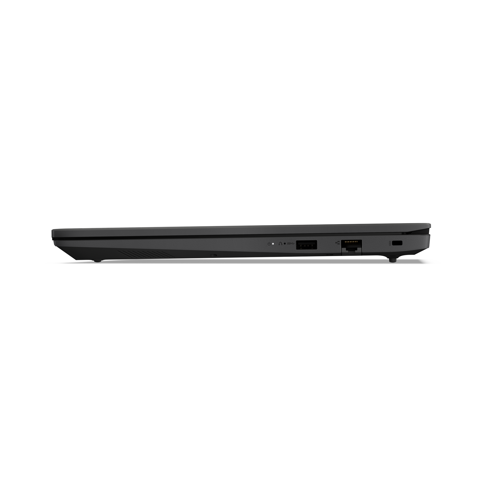 Seitenansicht eines schwarzen Laptops. Sichtbare Anschlüsse sind USB, Ethernet und Strom. Der Laptop steht auf weißem Hintergrund.