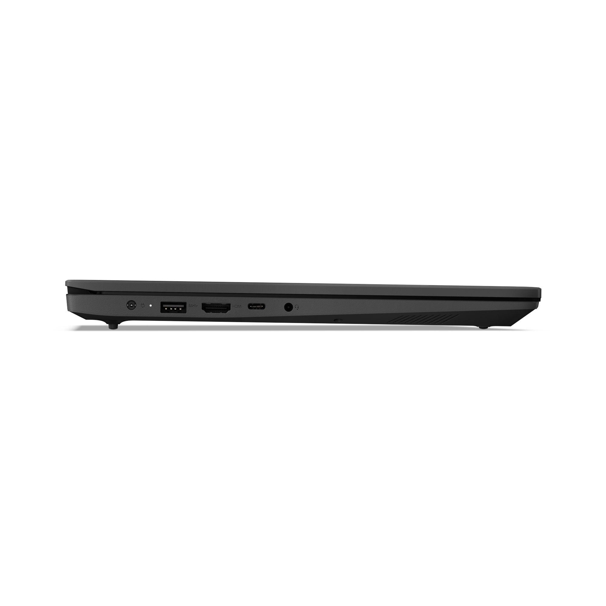 Seitenansicht eines schwarzen Laptops mit Anschlüssen wie USB, HDMI und Audioanschluss auf weißem Hintergrund.