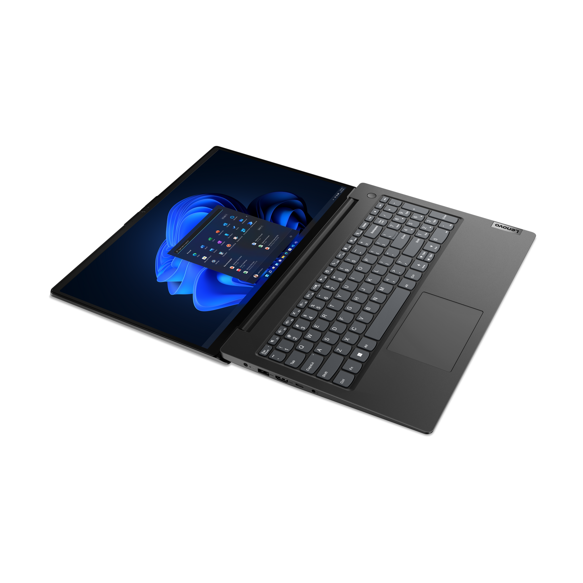 Ein schwarzer Lenovo-Laptop ist geöffnet und zeigt die Windows 11-Oberfläche. Der Bildschirm zeigt App-Symbole. Die Tastatur ist sichtbar.