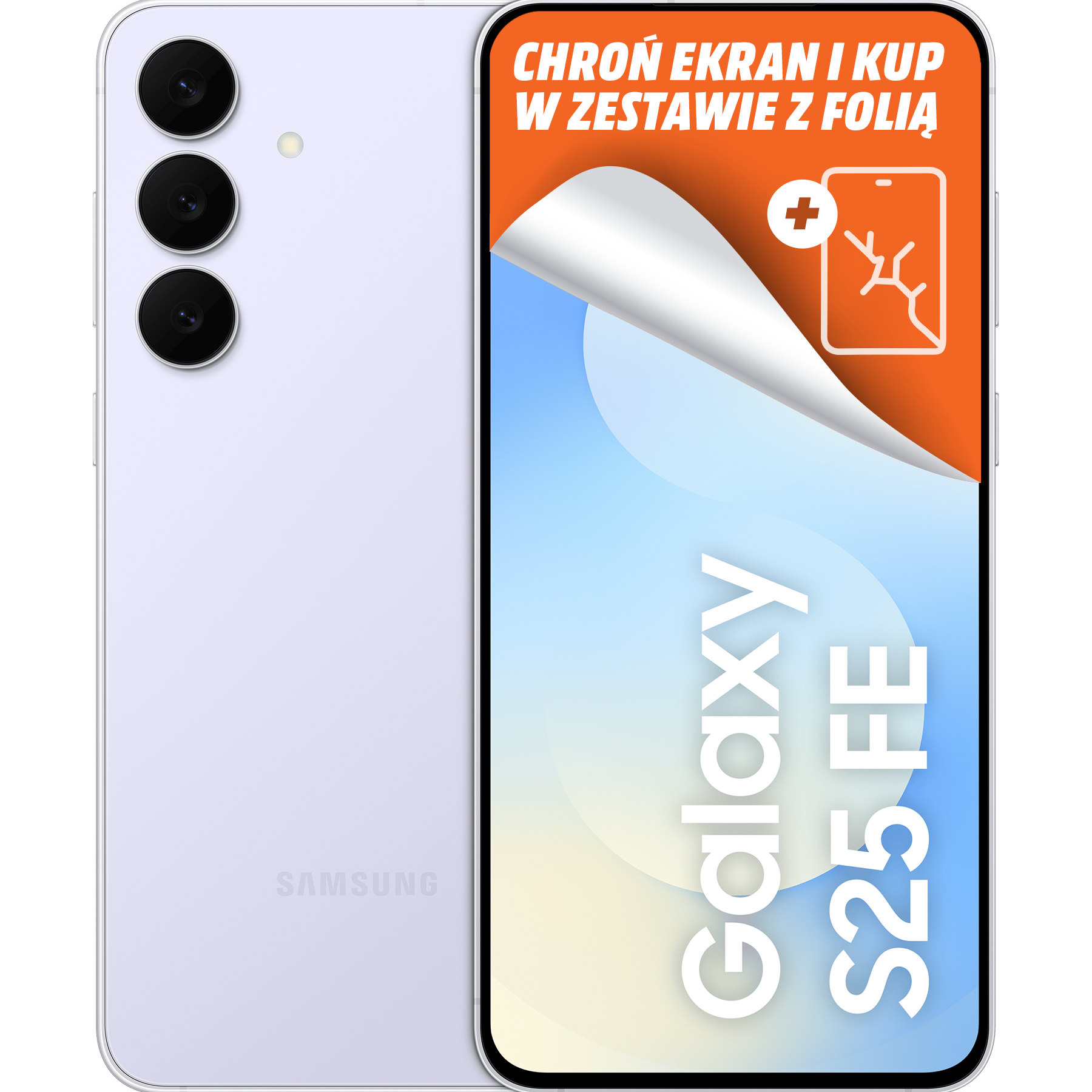 Liliowy telefon Samsung Galaxy S25 FE z trzema aparatami. Ekran pokazuje ofertę folii ochronnej.