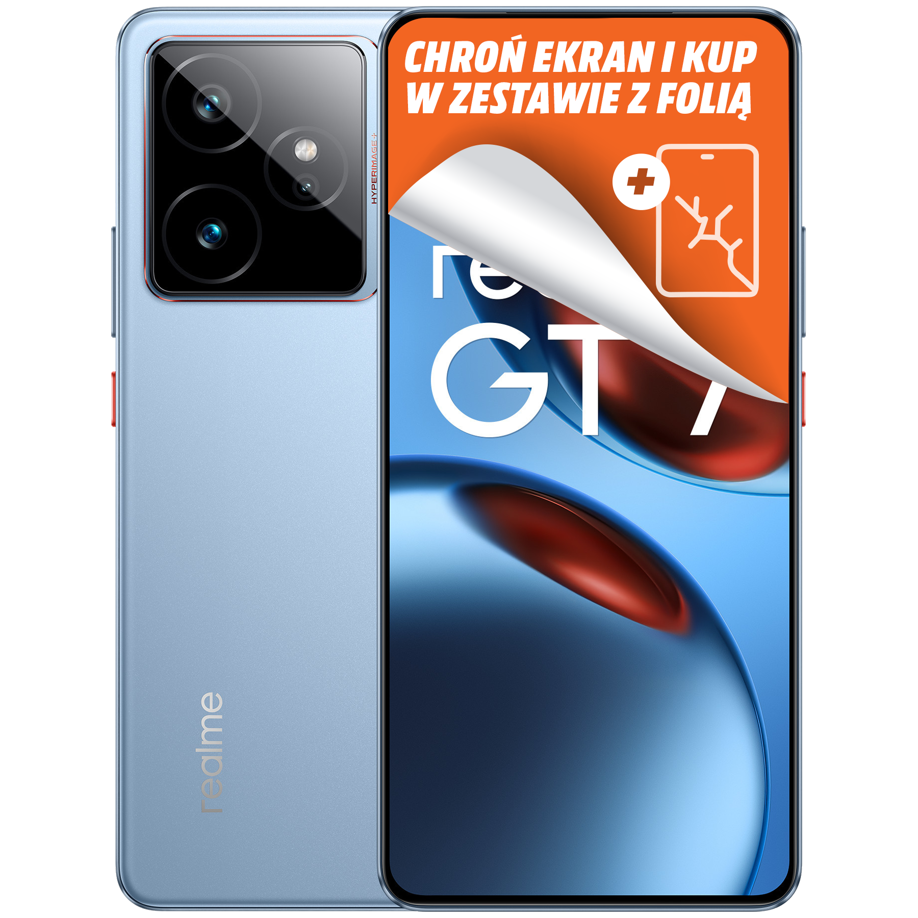 Jasnoniebieski telefon Realme z modułem kamery i ekranem wyświetlającym ofertę folii ochronnej.
