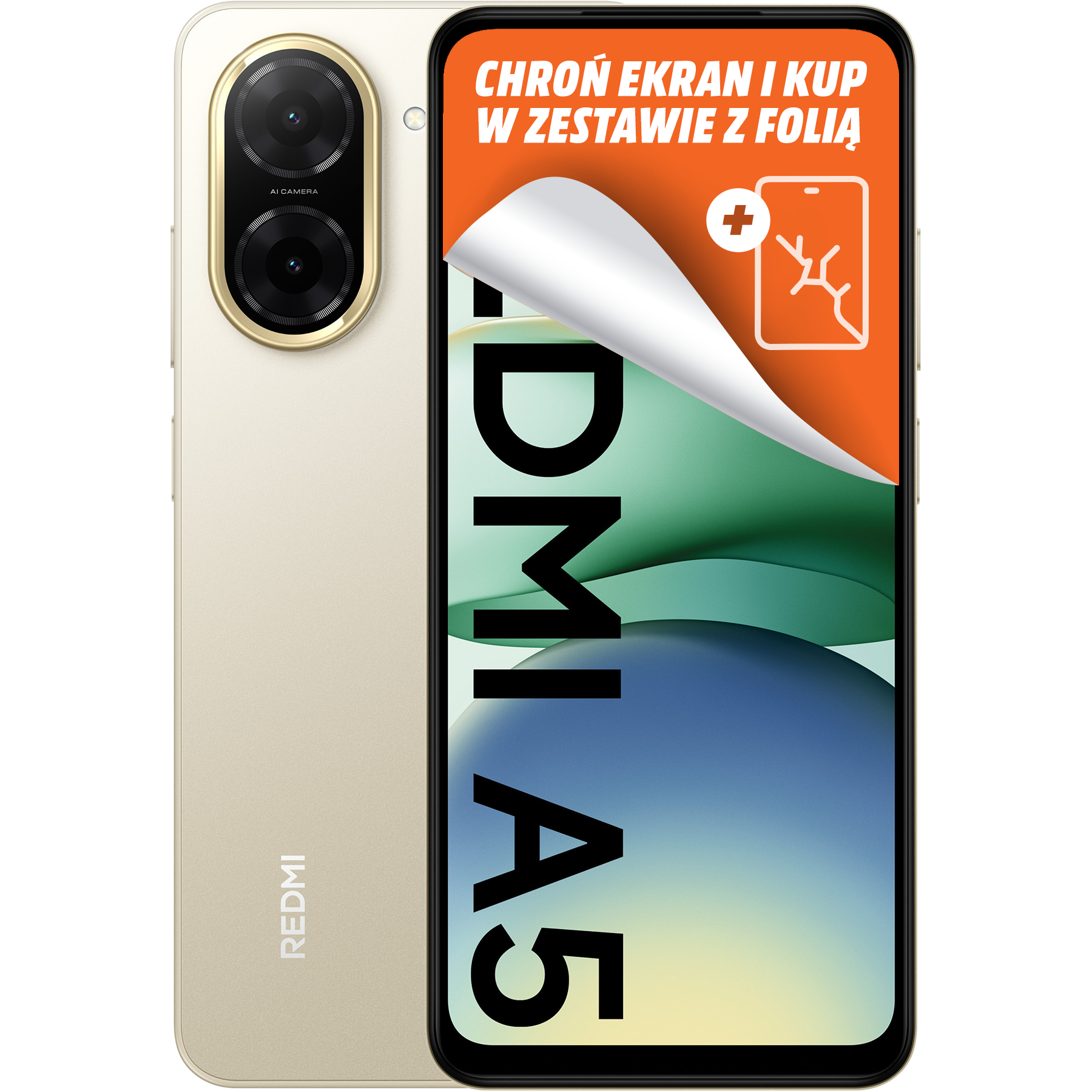 Smartfon z odrywaną folią ochronną na ekran. Telefon jest beżowy i ma czarny ekran.