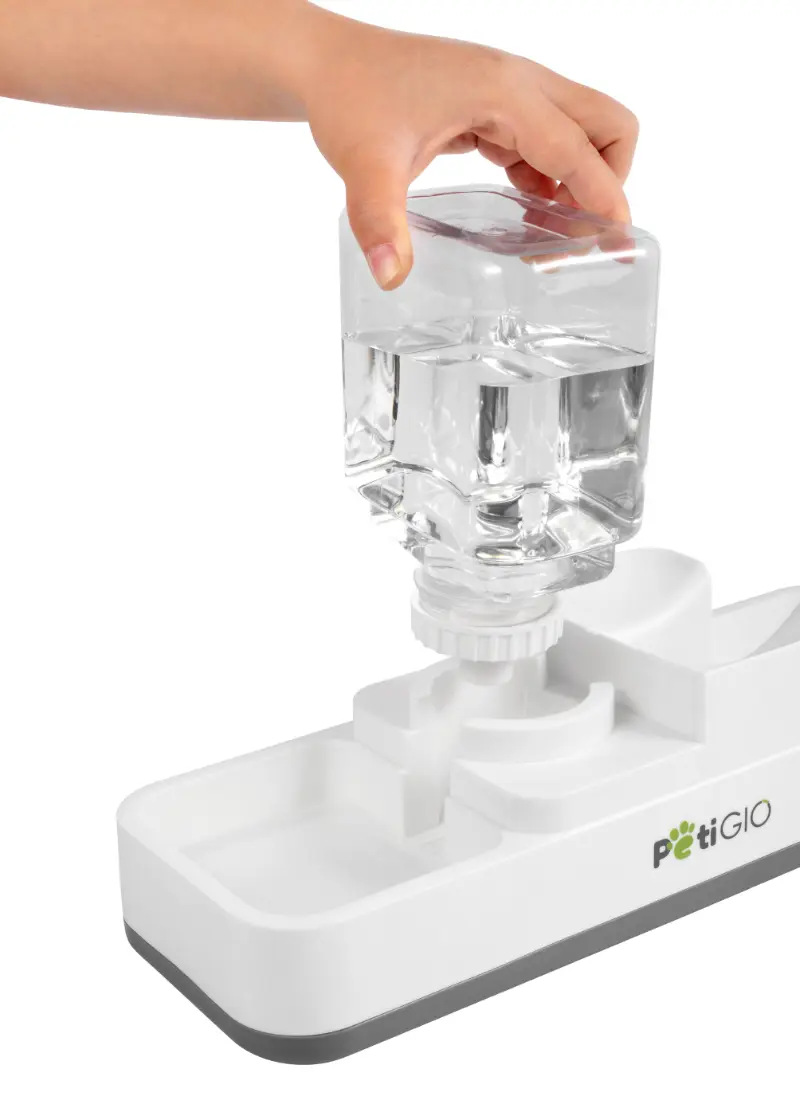 Ręka wlewa wodę z przezroczystego pojemnika do białego poidła dla zwierząt. Poidło ma szarą podstawę i logo 'PetiGIo'.