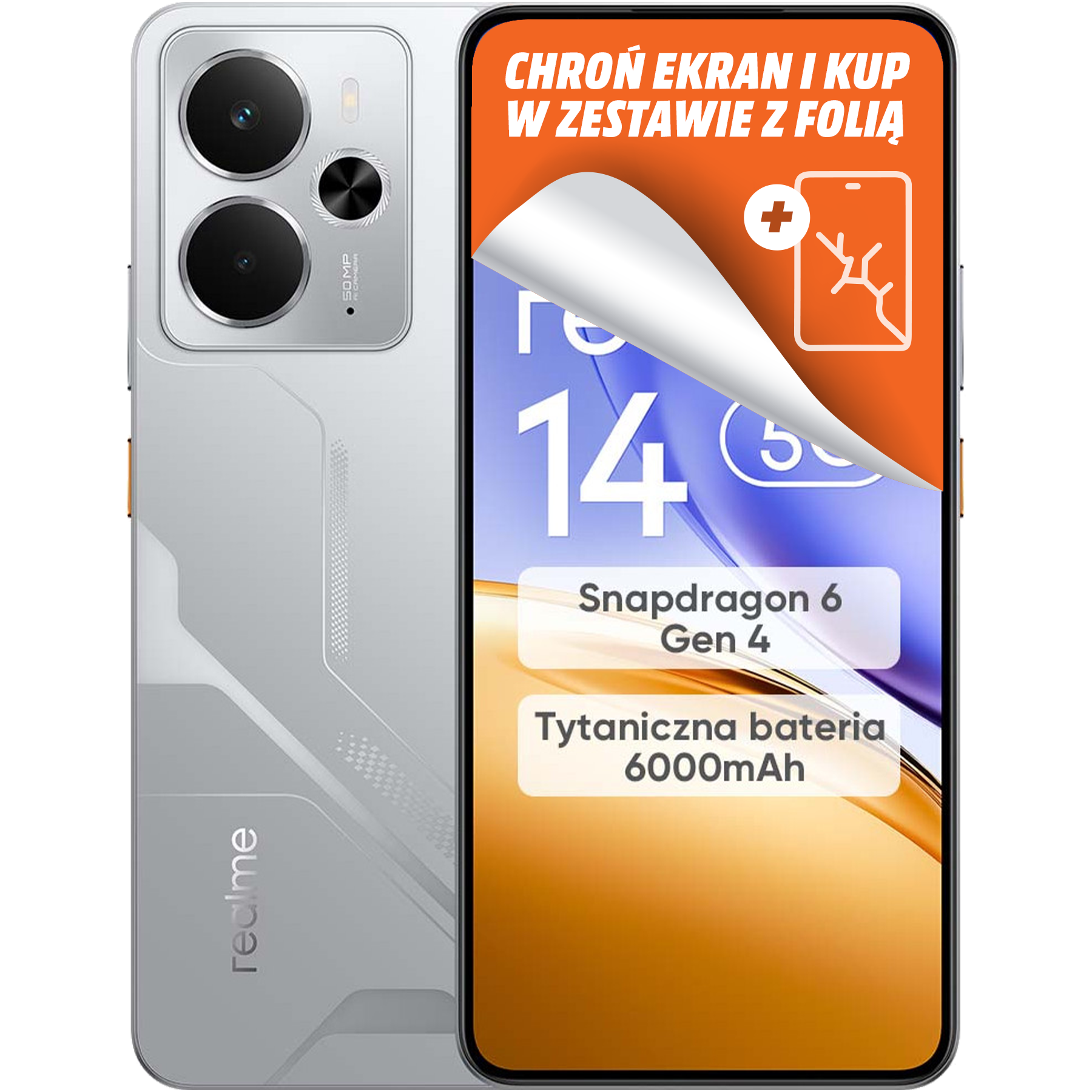 Smartfon w biało-szarej kolorystyce. Ekran wyświetla tekst promocyjny, w tym 'Snapdragon 6 Gen 4'.