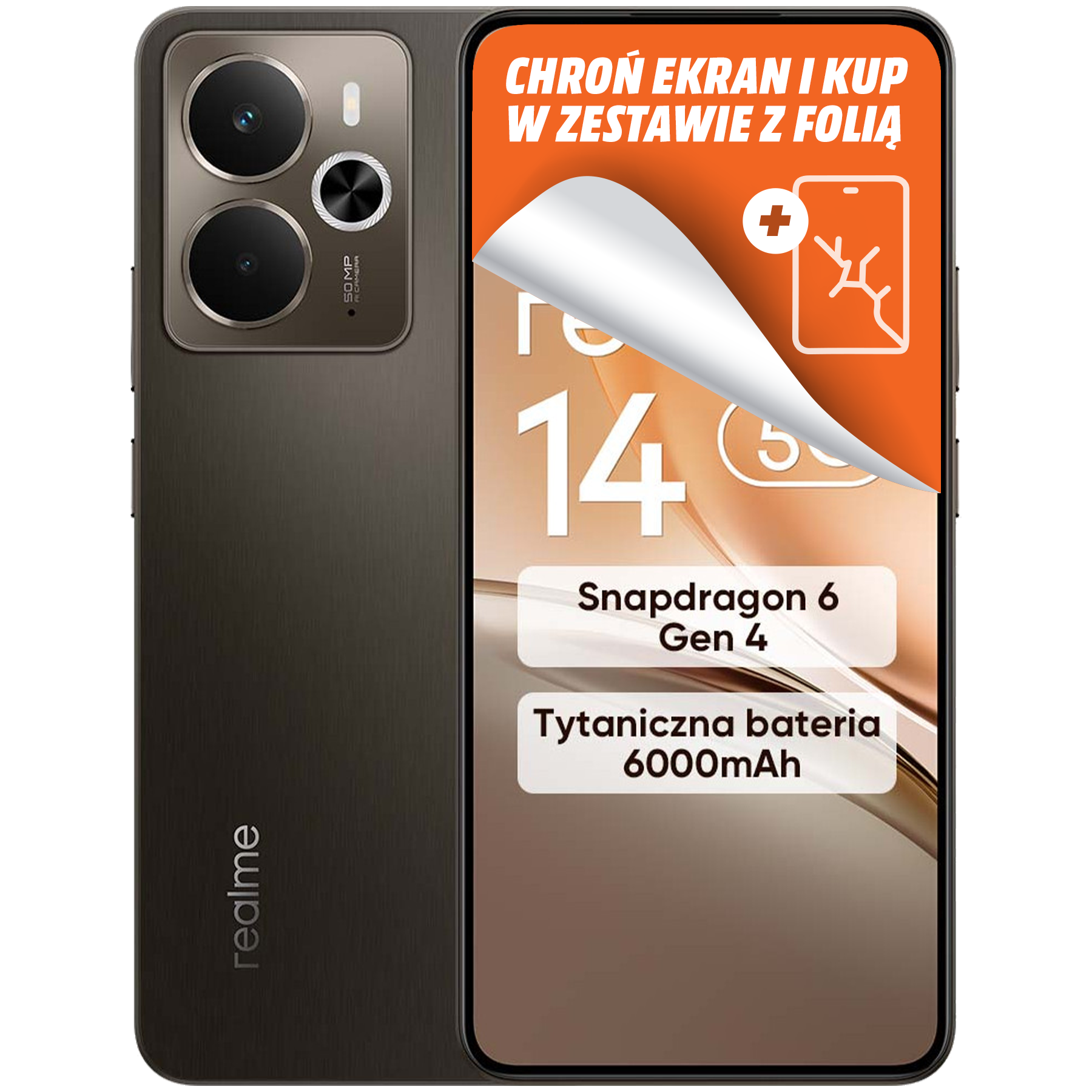 Smartfon z częściowo odsłoniętym ekranem. Posiada aparat, widoczny jest tekst promocyjny dotyczący funkcji.