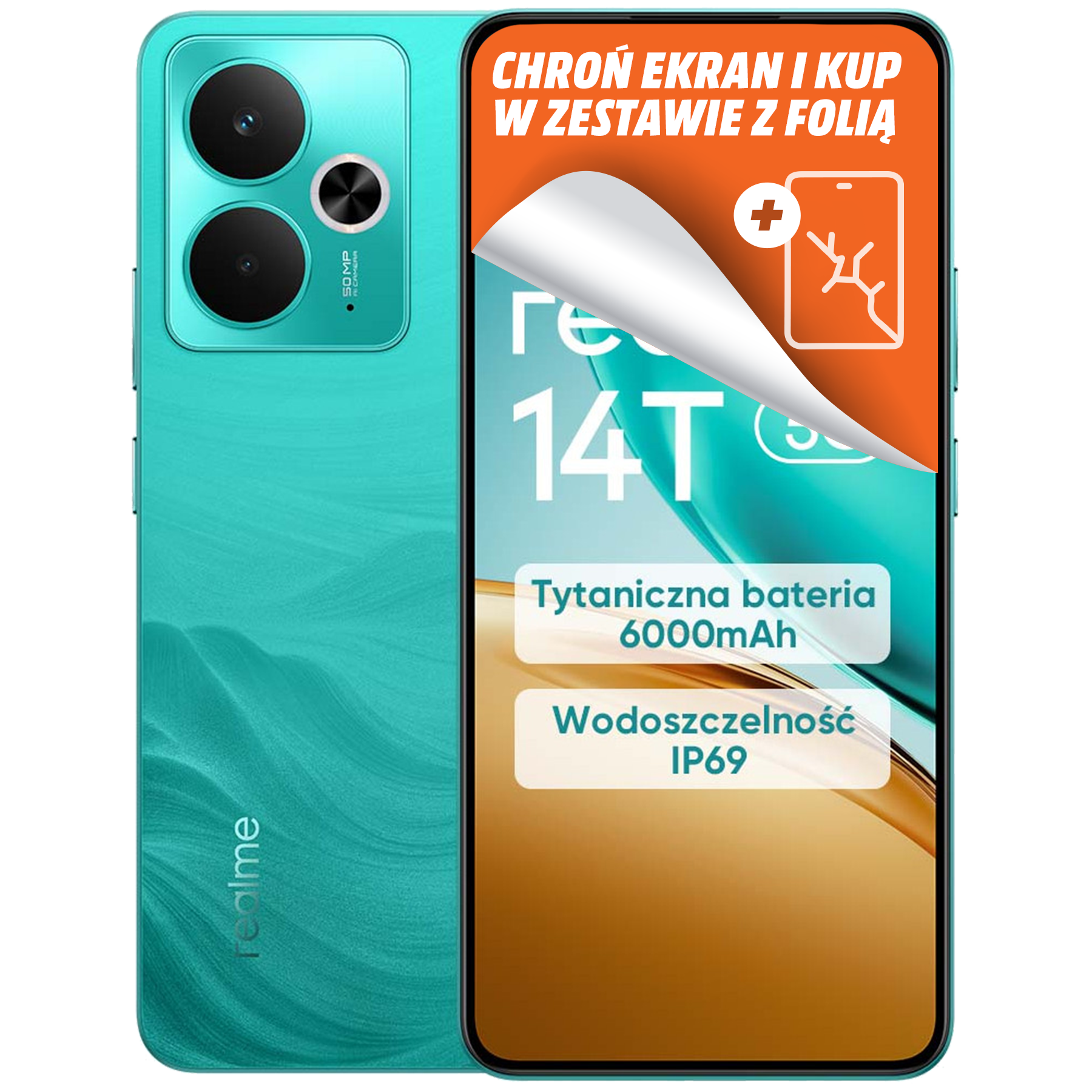 Turkusowy smartfon z folią ochronną. Napisy: 'realme 14T', 'Tytaniczna bateria 6000mAh' i 'Wodoszczelność IP69'.