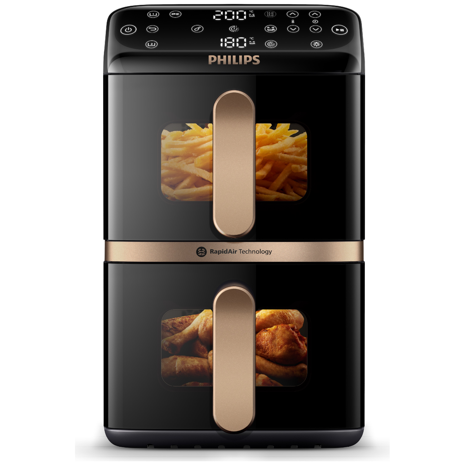 Een zwarte Philips airfryer met friet in het bovenste compartiment en kip in de onderste. Het heeft een gouden handvat en afwerking.