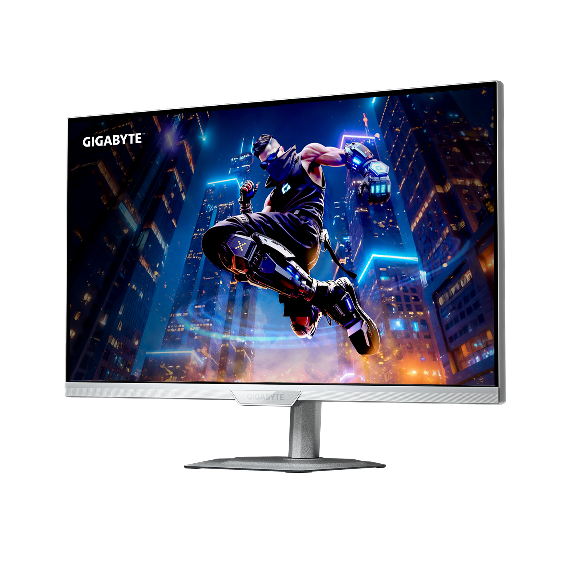 Ein Monitor zeigt eine futuristische Stadtlandschaft mit einer springenden Figur, die Tech-Ausrüstung und eine Maske trägt.