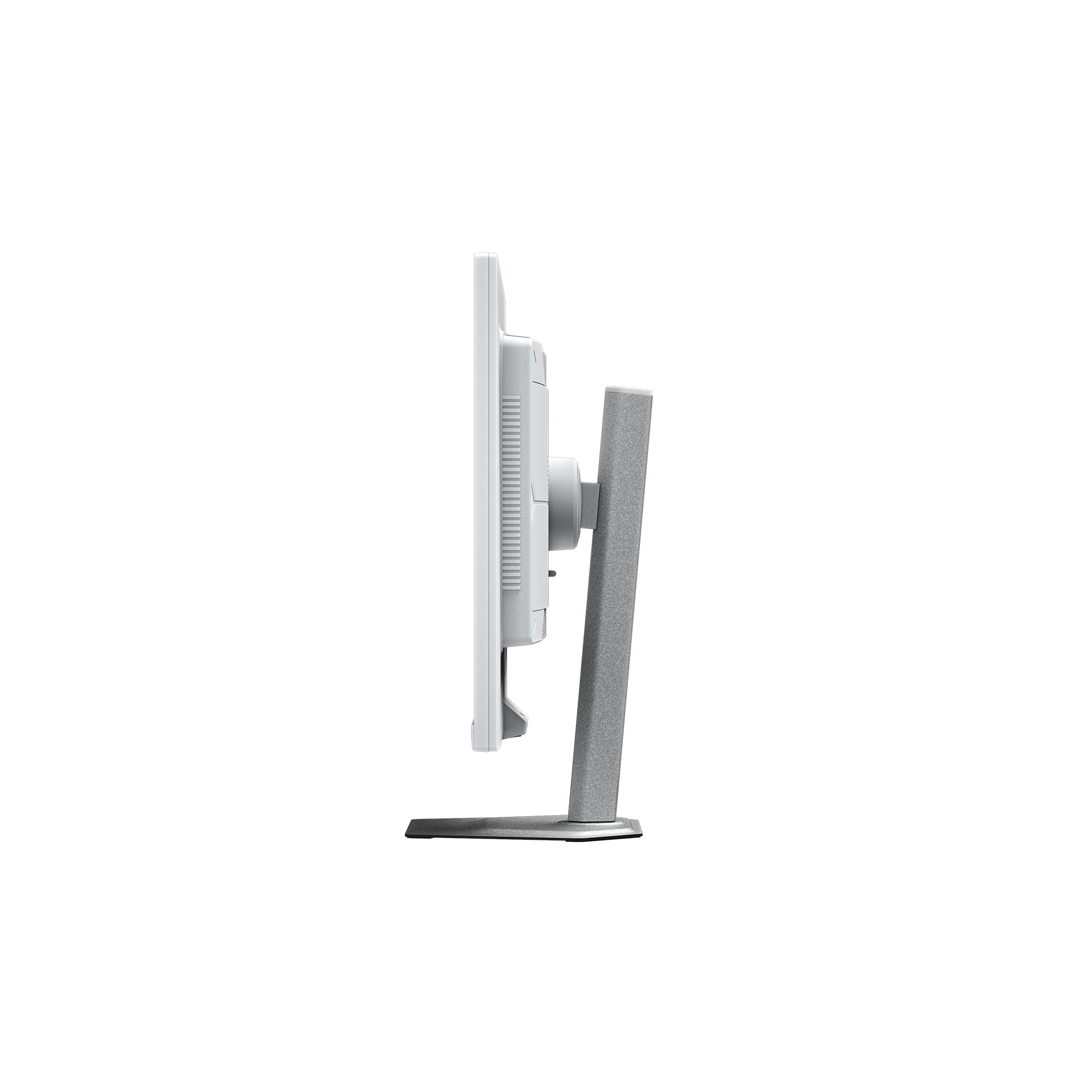 Seitenansicht eines weißen Computermonitors mit grauem Ständer. Der Monitor ist vertikal.
