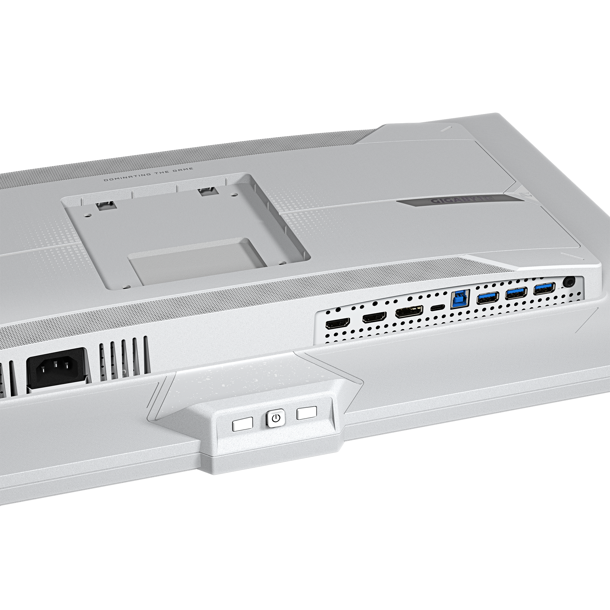 Rückseite eines Monitors, hellgrau mit schwarzen Anschlüssen und einem Power-Knopf. Enthält HDMI-, USB- und Stromanschlüsse.