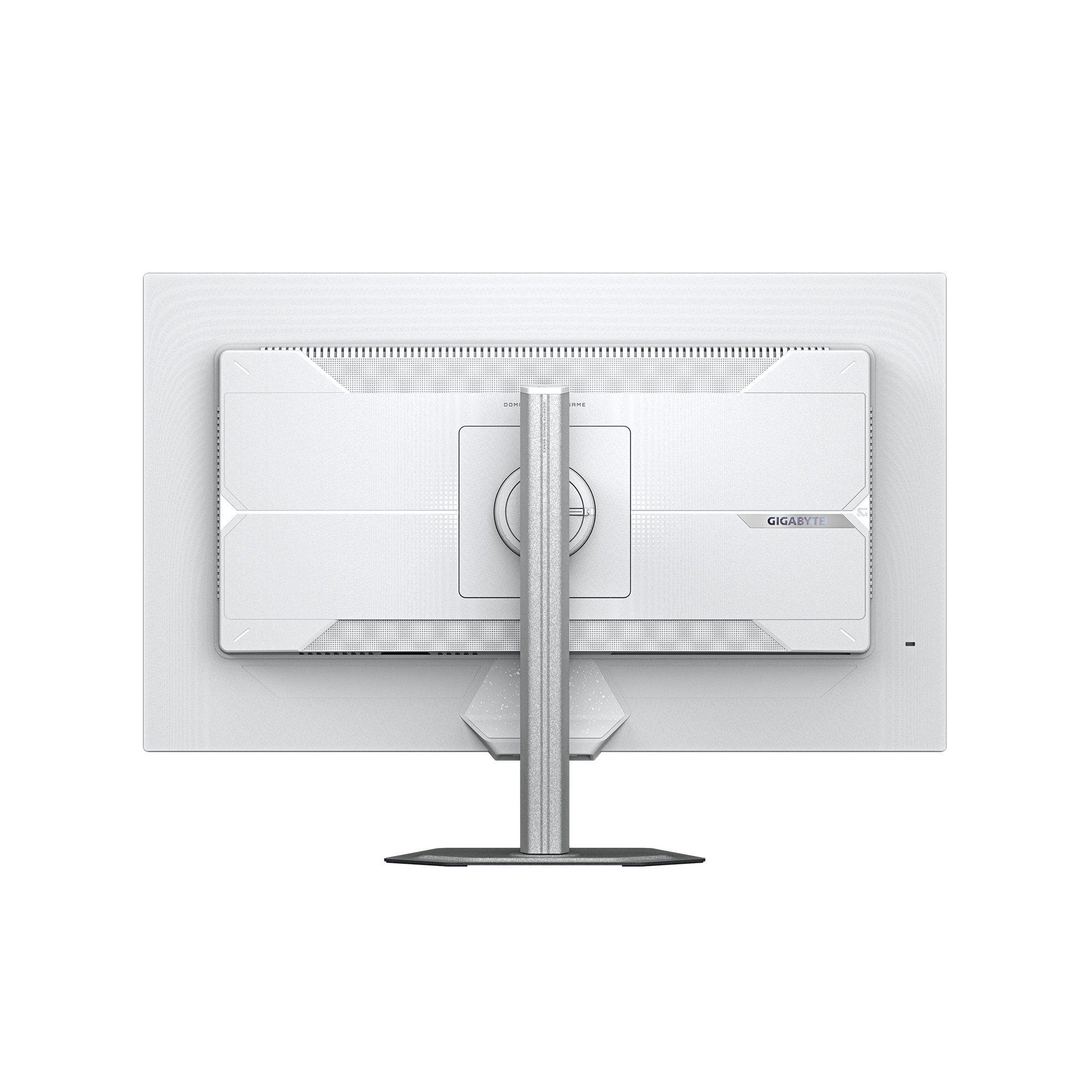Ein weißer Computermonitor von hinten. Silberner Ständer und Fuß. Gigabyte-Logo rechts.