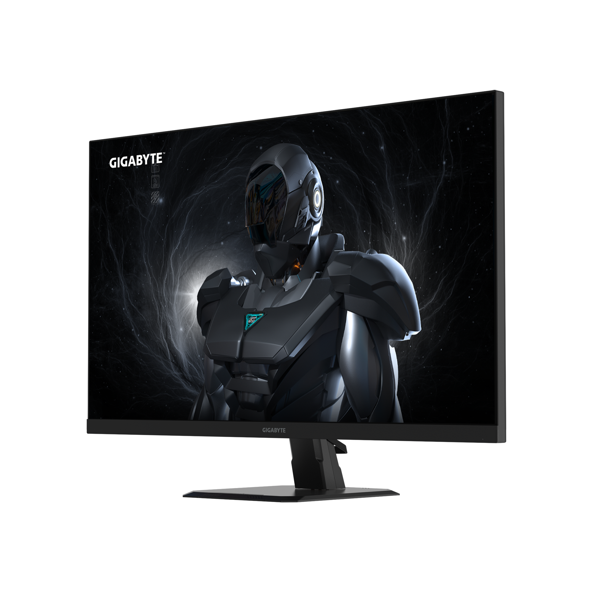 Ein Gigabyte-Monitor zeigt eine futuristische gepanzerte Figur vor dunklem, sternenklarem Hintergrund. Der Monitor steht auf einem schwarzen Ständer.