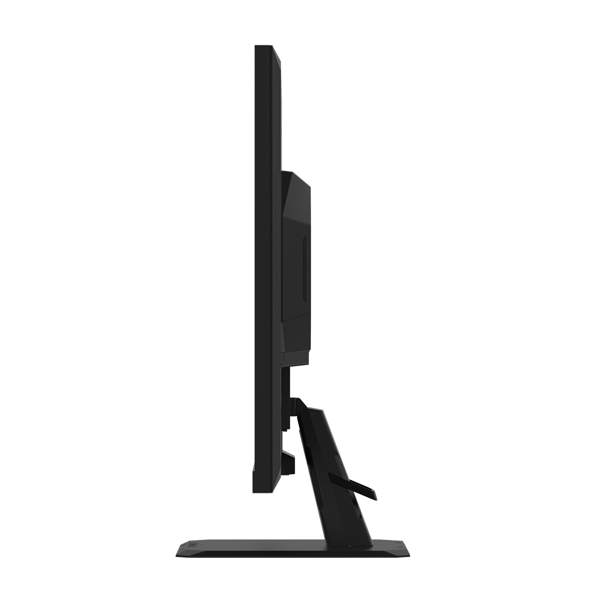 Seitenansicht eines schwarzen Computermonitors. Er hat einen Ständer und einen schwarzen Rahmen mit ein paar sichtbaren Anschlüssen.