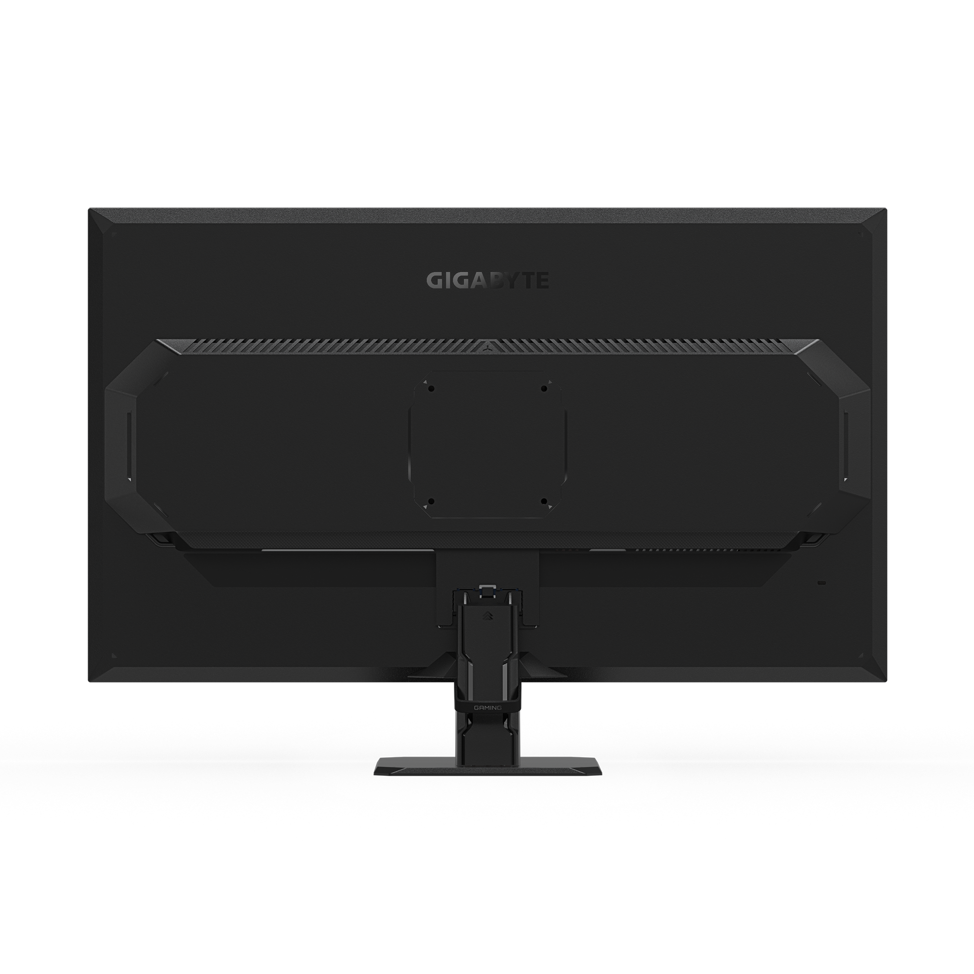 Rückansicht eines schwarzen Gigabyte-Monitors. Er hat einen Ständer und eine Halterung zur Montage, mit Markennamen.