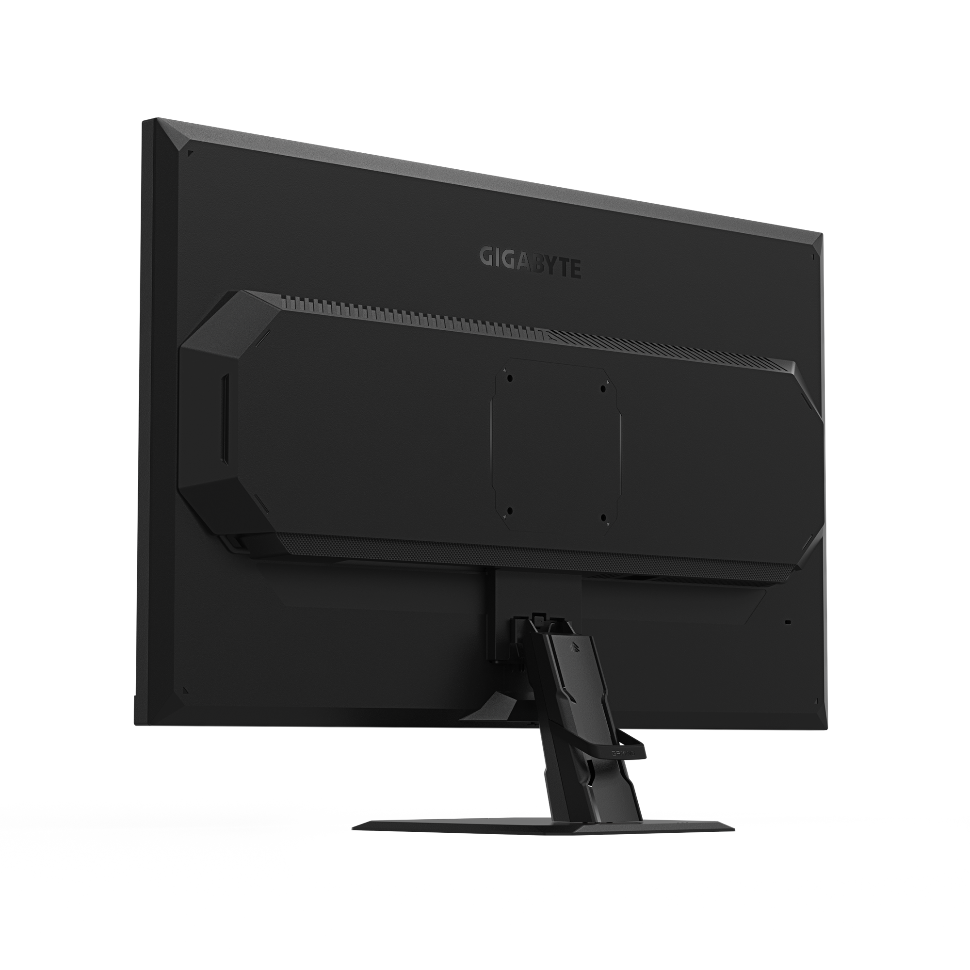 Rückseite eines schwarzen Gigabyte-Monitors, mit Ständer und Lüftungsschlitzen.