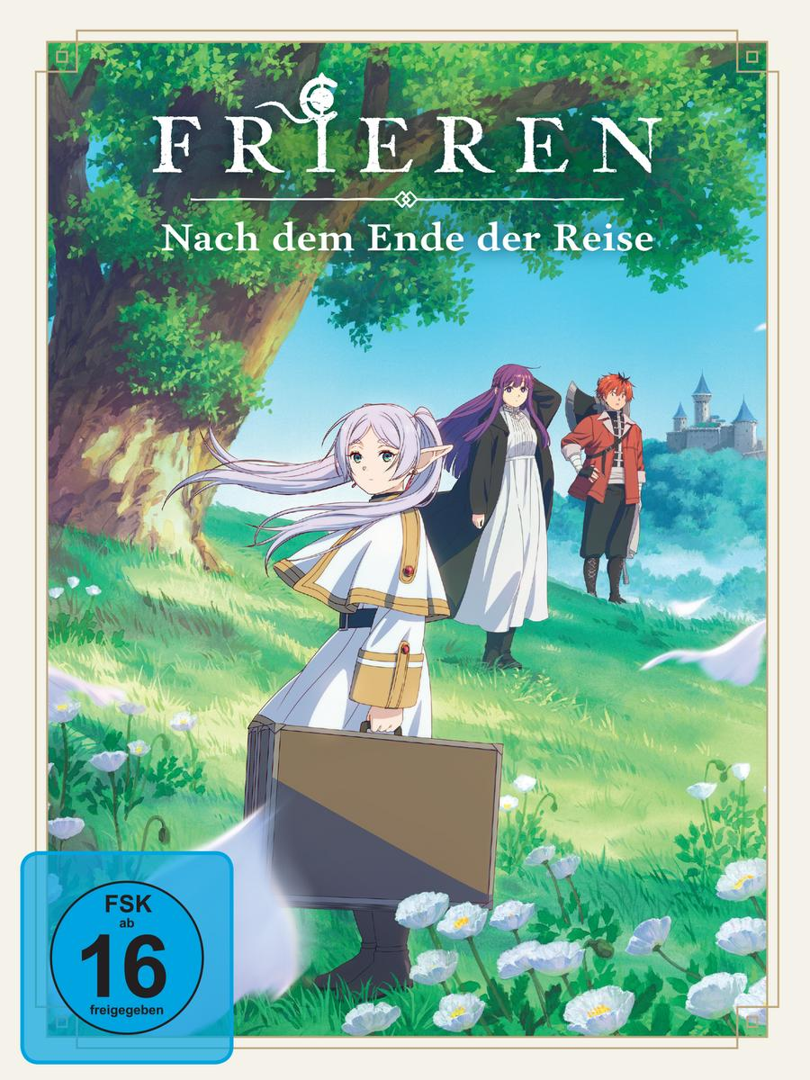 Anime-Cover. Charaktere stehen auf einem grasbewachsenen Hügel vor einer Burg. Titel: Frieren. Bewertungssymbol vorhanden.