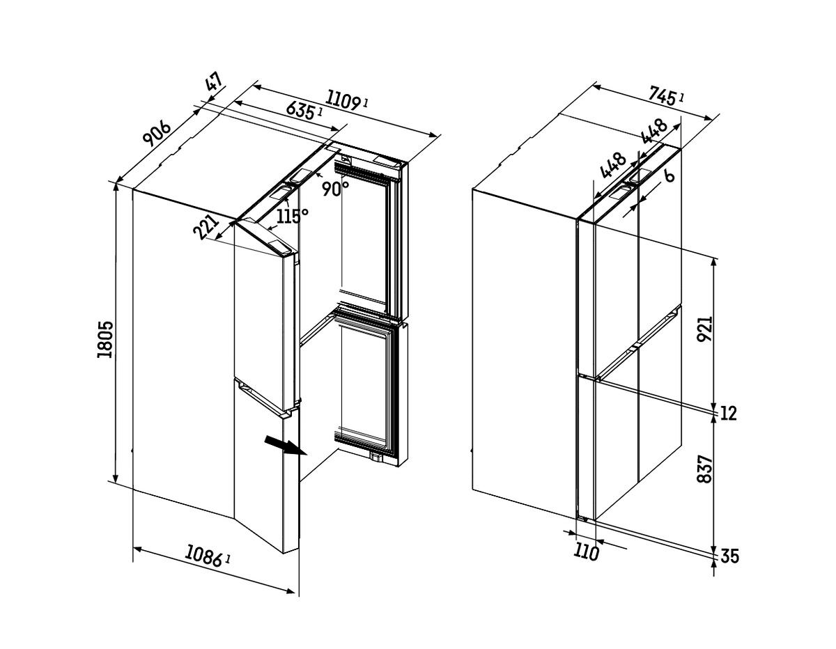 Diagramm eines Kühlschranks mit Maßen und Winkeln. Die Tür des Kühlschranks ist teilweise geöffnet, und Messungen sind beschriftet.
