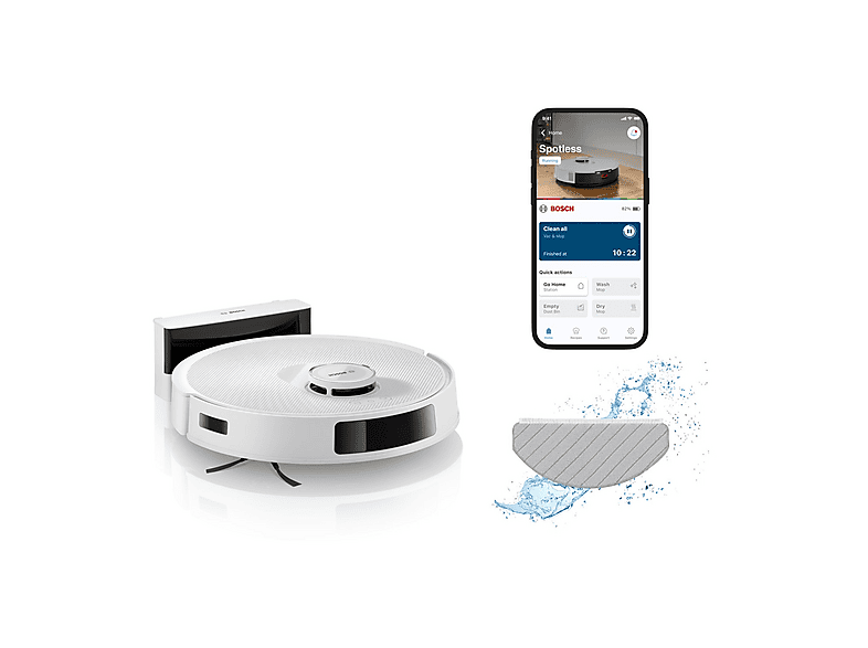 ROBOT ASPIRAPOLVERE BOSCH BCRC2W, Lavapavimenti, Sensore di superficie, Spazzola laterale, Base carica, Bianco