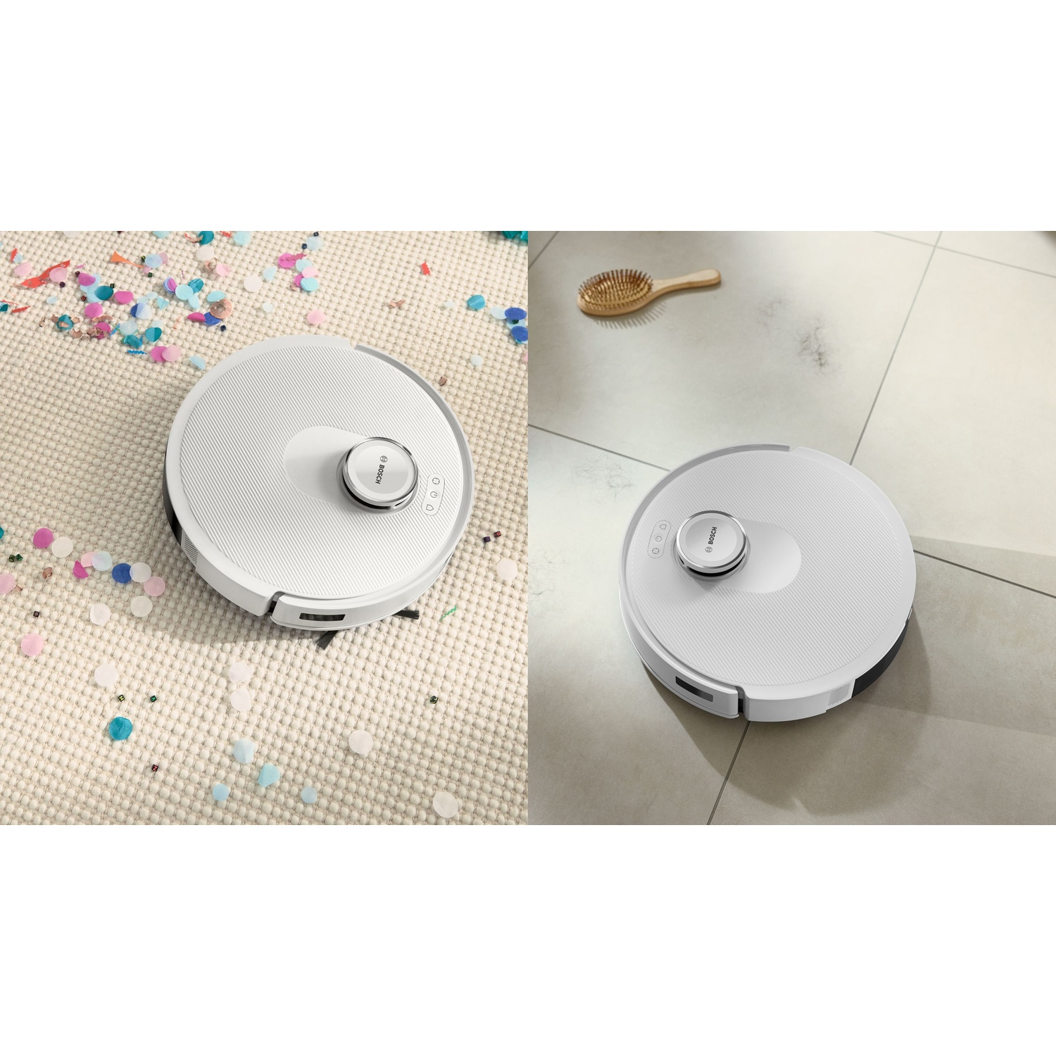 Due robot aspirapolvere, uno su un tappeto con coriandoli, l'altro su un pavimento piastrellato con una spazzola. Entrambi bianchi con dettagli neri.