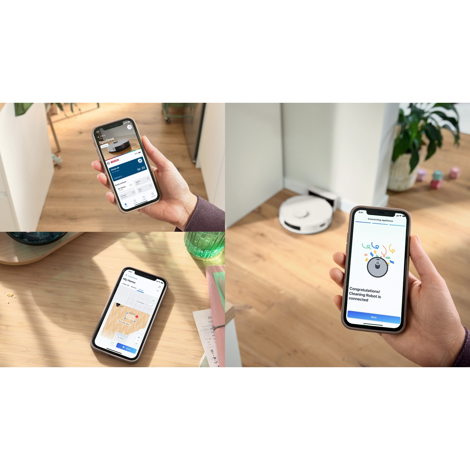Una mano tiene un telefono che mostra un'app per robot aspirapolvere. Altre immagini mostrano l'interfaccia dell'app e il robot aspirapolvere.