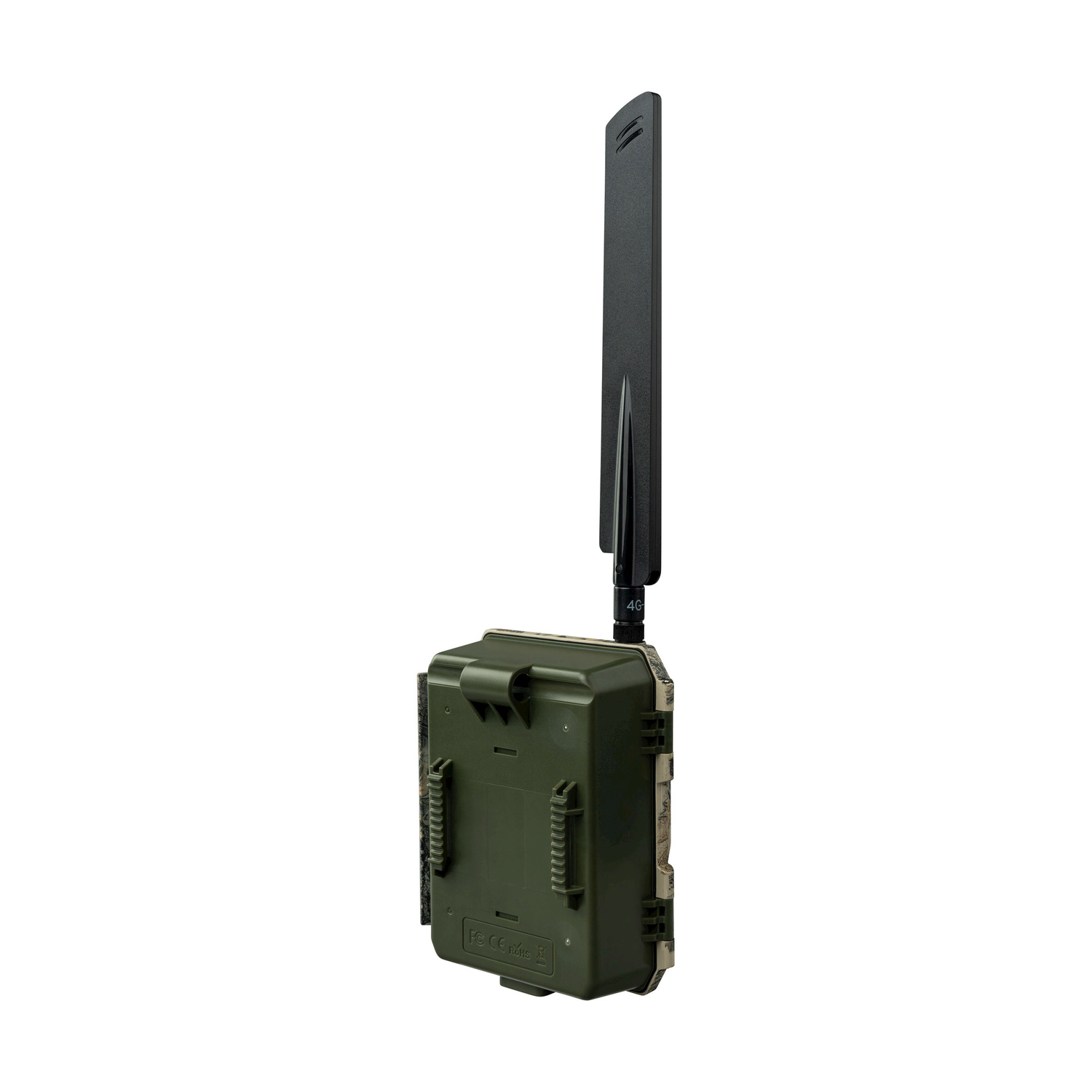Una fotocamera da trail con corpo verde scuro e antenna nera. È su sfondo bianco.