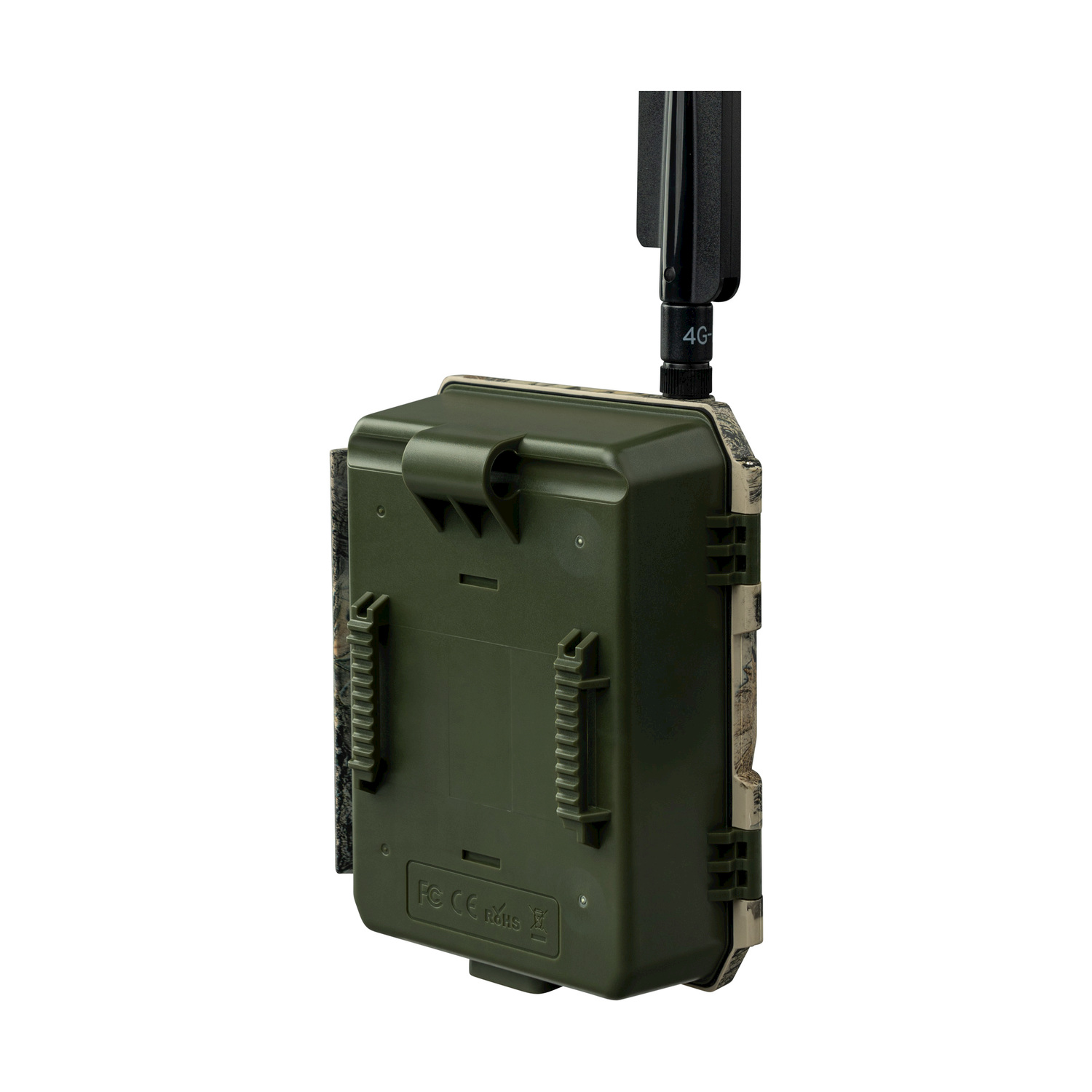Una fotocamera da trail verde con antenna nera. Ha un motivo mimetico sui bordi e diversi fermi.