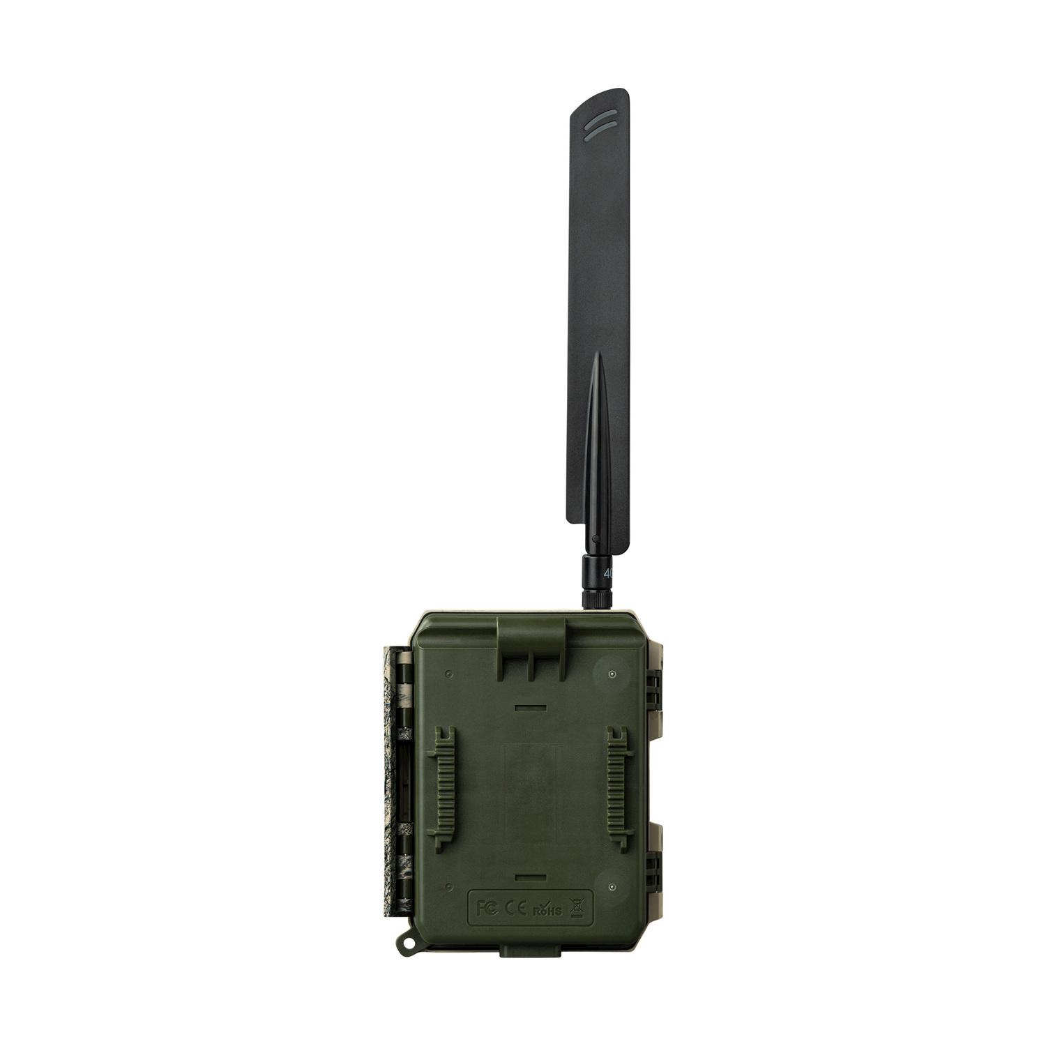 Una fotocamera da pista verde oliva con un'antenna nera su sfondo bianco. La fotocamera ha un motivo mimetico sul lato.