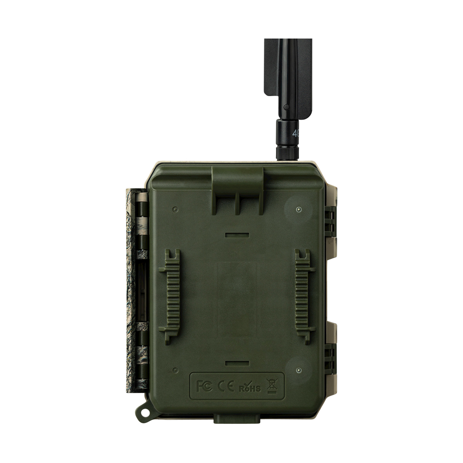 Una fotocamera da trail verde con antenna nera. La fotocamera ha un motivo mimetico sul lato e si trova su sfondo bianco.