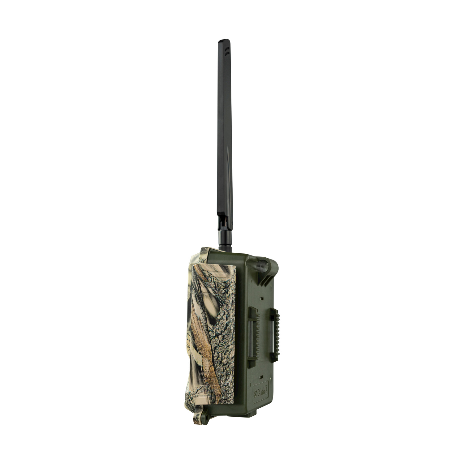 Una fotocamera verde per sentieri con motivo mimetico e un'antenna nera, su sfondo bianco. La fotocamera è in posizione verticale.