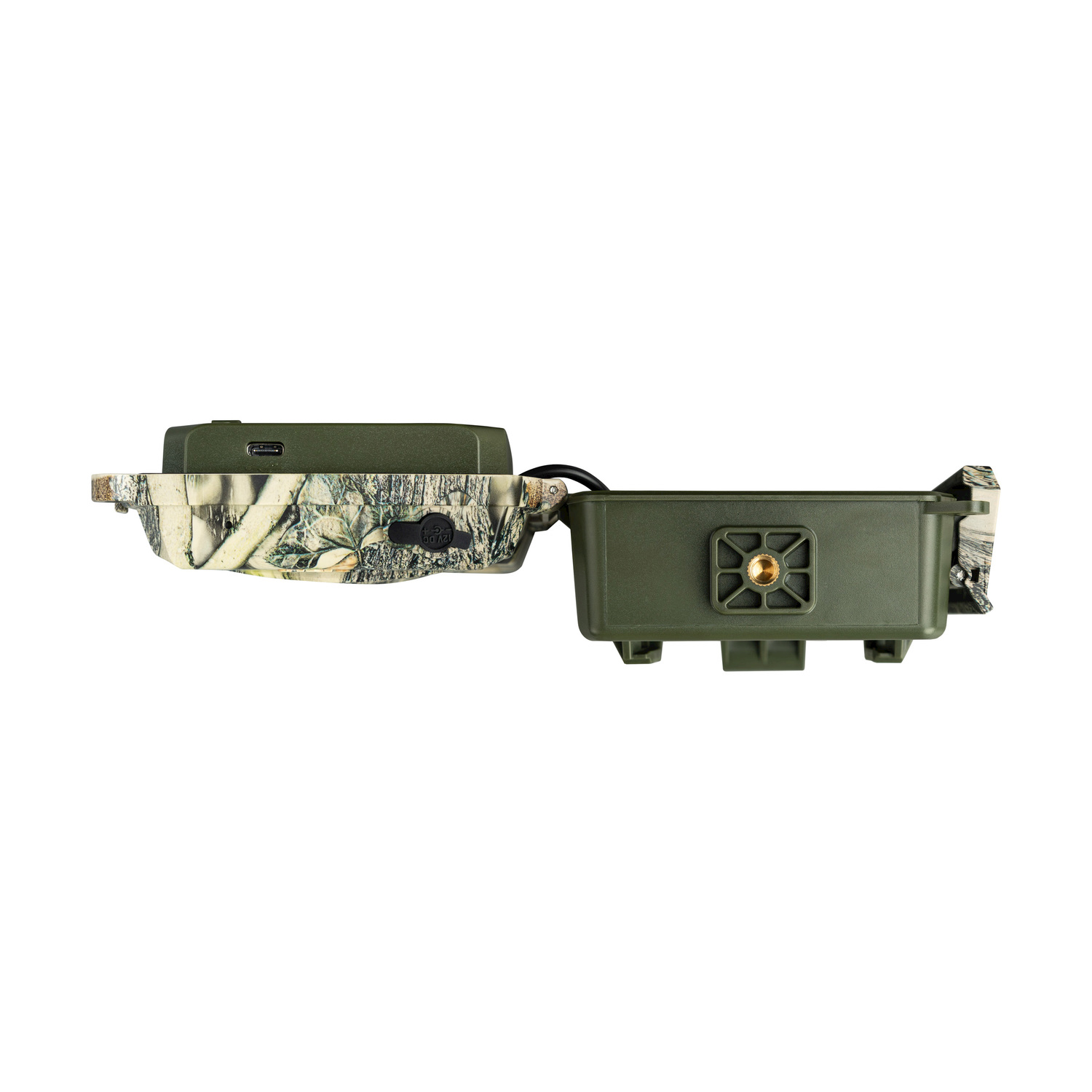 Una fotocamera a traccia verde e mimetica è aperta. La parte superiore presenta una porta USB e un pulsante. La parte inferiore ha una piastra di montaggio.
