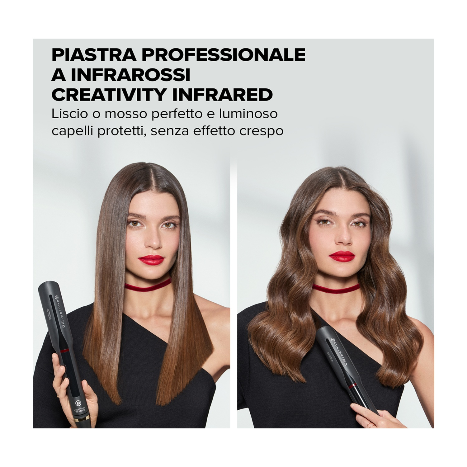 L'immagine mostra due donne. Una ha i capelli lisci, l'altra mossi. Entrambe tengono in mano delle piastre per capelli e indossano rossetto rosso e choker.