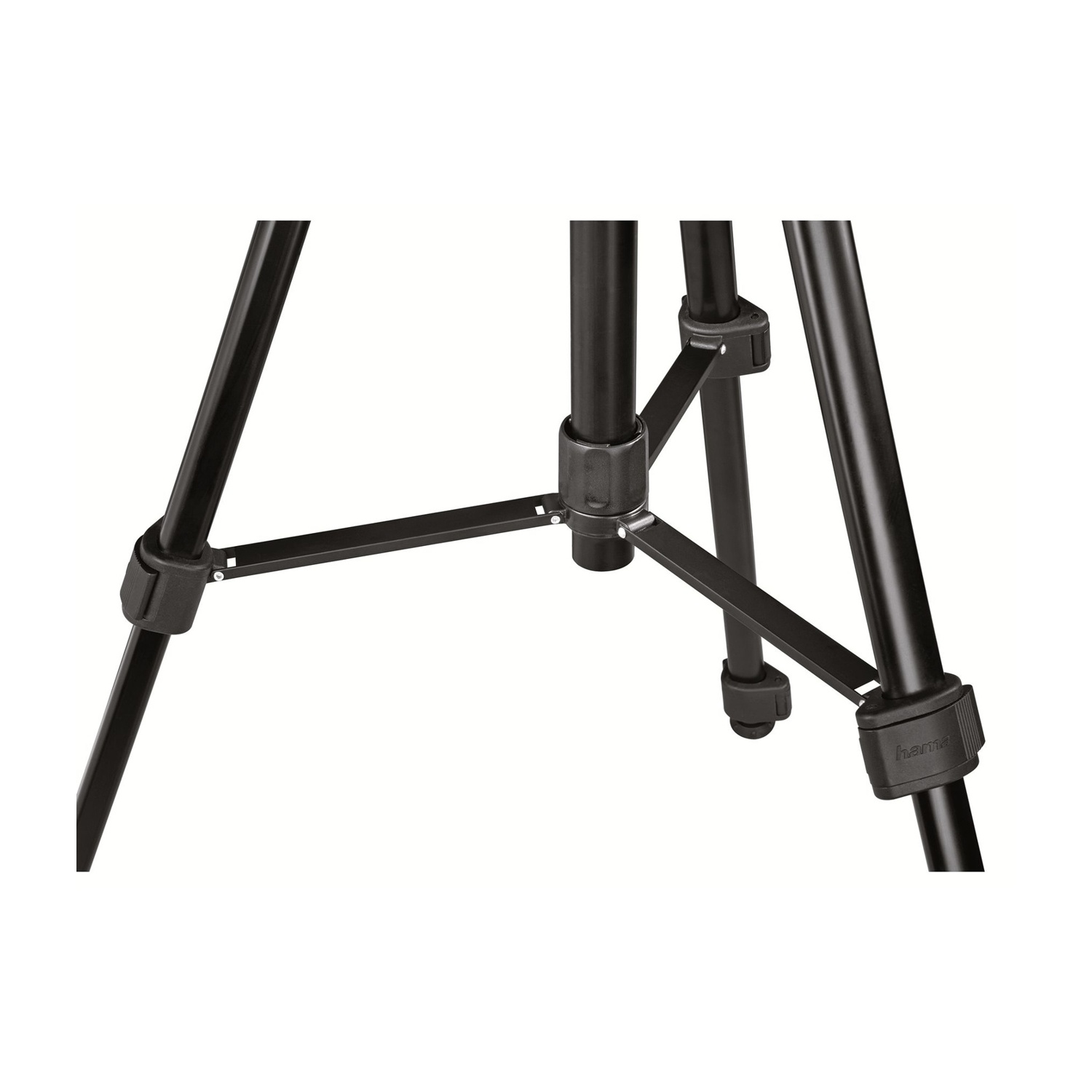 Primo piano della base di un treppiede nero. Tre gambe si estendono da un mozzo centrale, con meccanismi di bloccaggio visibili su ogni gamba.