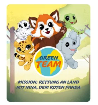 Cartoonbild eines Tierteams: Roter Panda, Eule, Gepard, Schildkröte und Elefant. Text sagt 'Green Team' und 'Mission: Rettung an Land'.