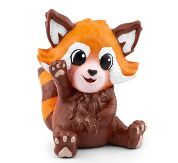 Eine Rotpanda-Figur mit freundlichem Gesichtsausdruck. Sie sitzt und winkt mit einer Pfote. Sie hat rotes, braunes und weißes Fell und einen gestreiften Schwanz.