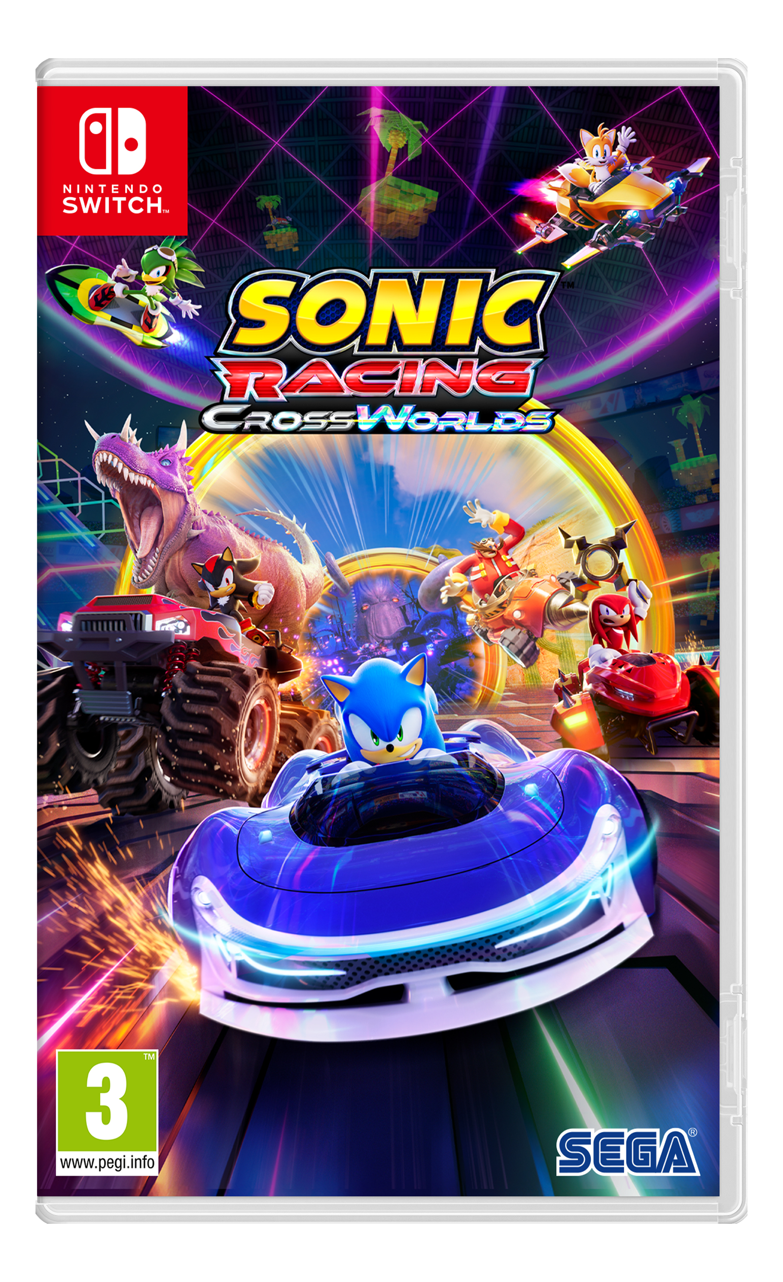 Sonic Racing Cross Worlds-Spielcover. Sonic in blauem Auto, andere Charaktere fahren in verschiedenen Fahrzeugen. Helle Farben, actiongeladene Szene.