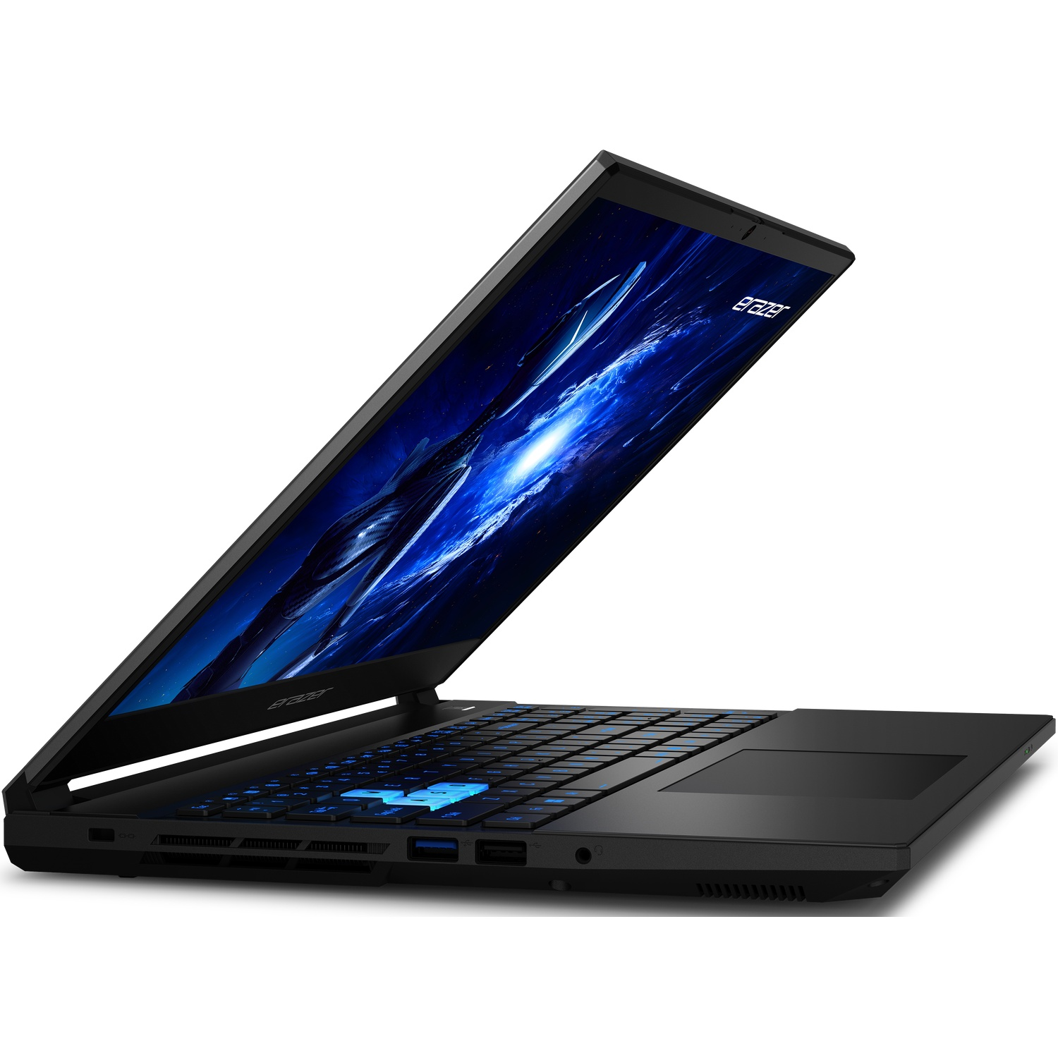 A black laptop with an open screen displaying a blue graphic. The keyboard is visible with blue backlit keys. The laptop is on a white surface.