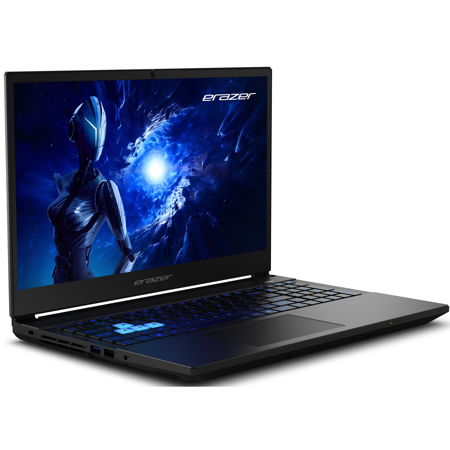 A black laptop with a screen displaying a futuristic image. The keyboard is lit with blue light. The brand name is 'Erazer'.