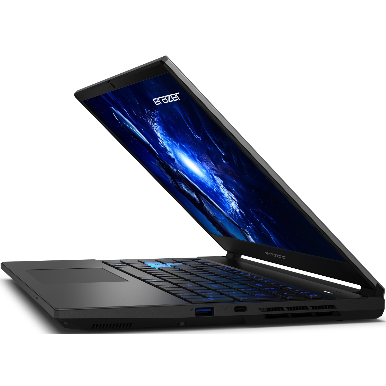 A black laptop is open, angled to the right. The screen displays a blue and white graphic. The keyboard has blue backlighting. The brand is 'eRazer'.