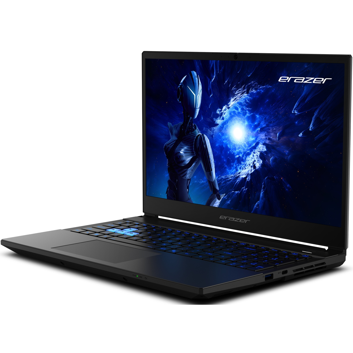 A black laptop is open. The screen displays a futuristic image. The keyboard is lit with blue lights. The brand 'erazer' is visible.