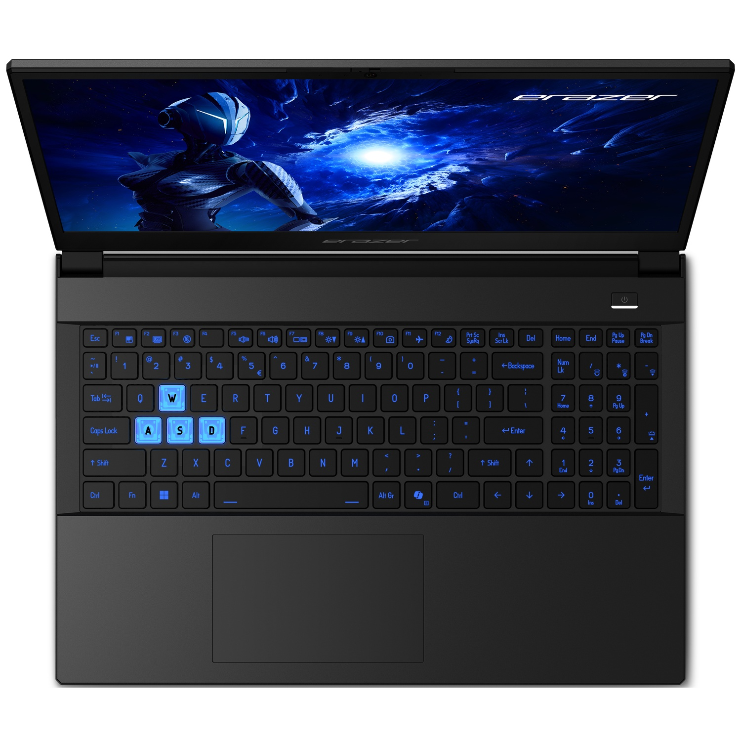 Black laptop open, showing keyboard and screen. Screen displays a blue figure. Keyboard has blue backlit keys.