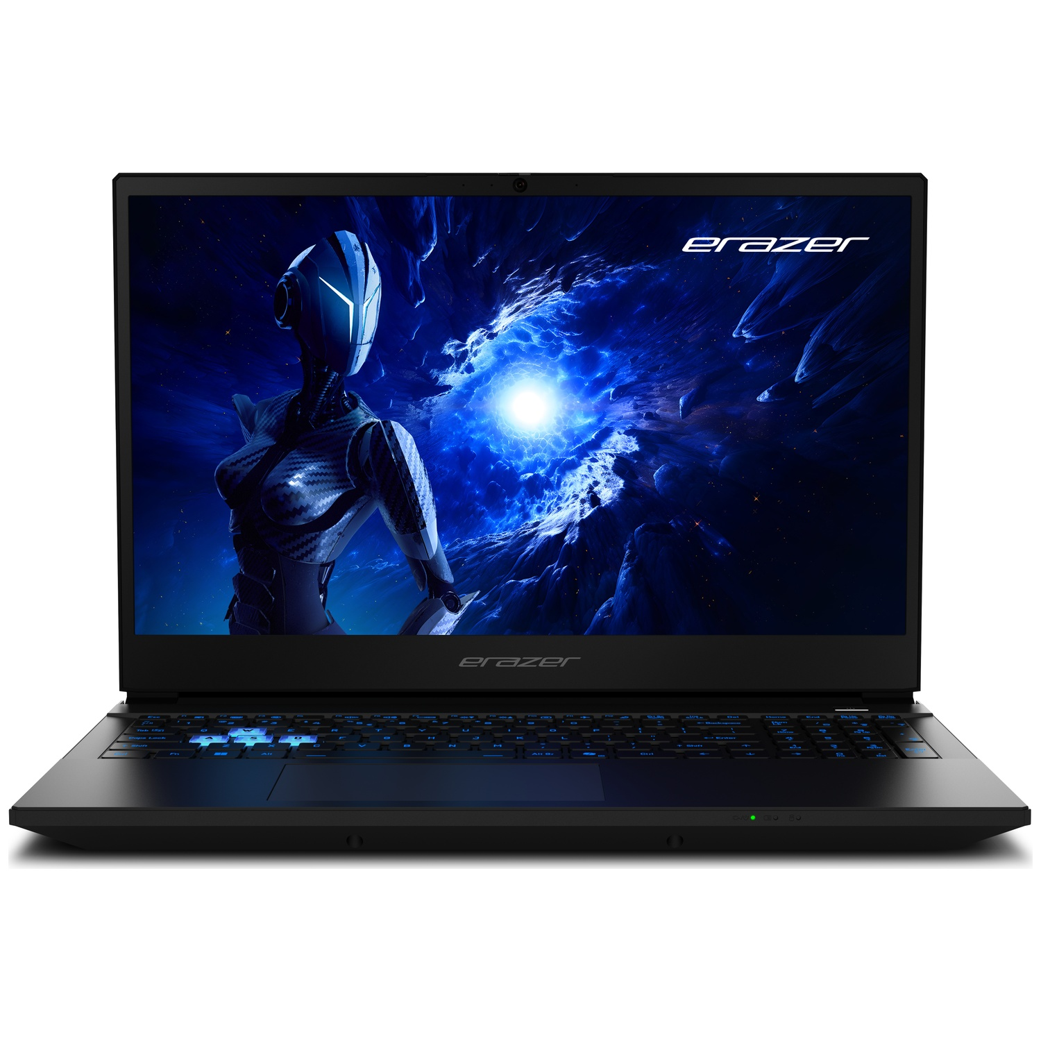 Black laptop with a screen displaying a futuristic image of a robot. The keyboard is illuminated in blue. The brand is Erazer.
