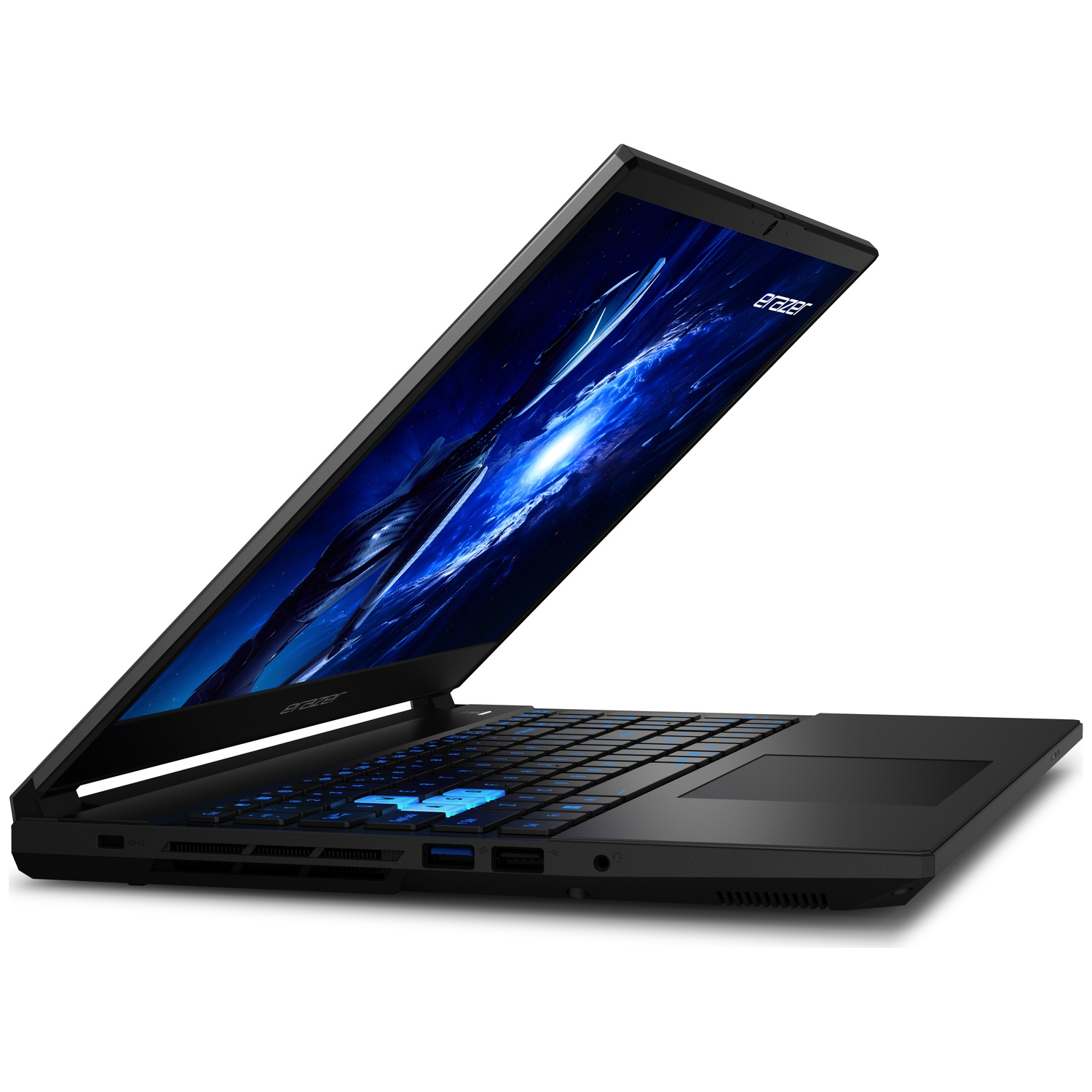 Black Acer laptop open, showing keyboard with blue lights, screen displaying blue graphics, and a white background.