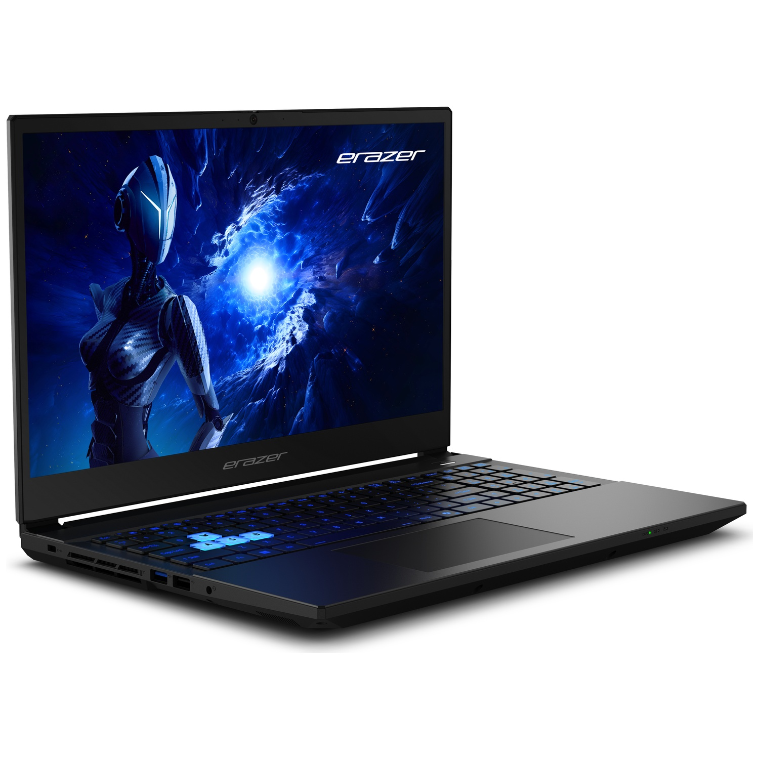 Black Erazer laptop. Screen displays a futuristic image of a robot. Keyboard is lit up blue. White background.