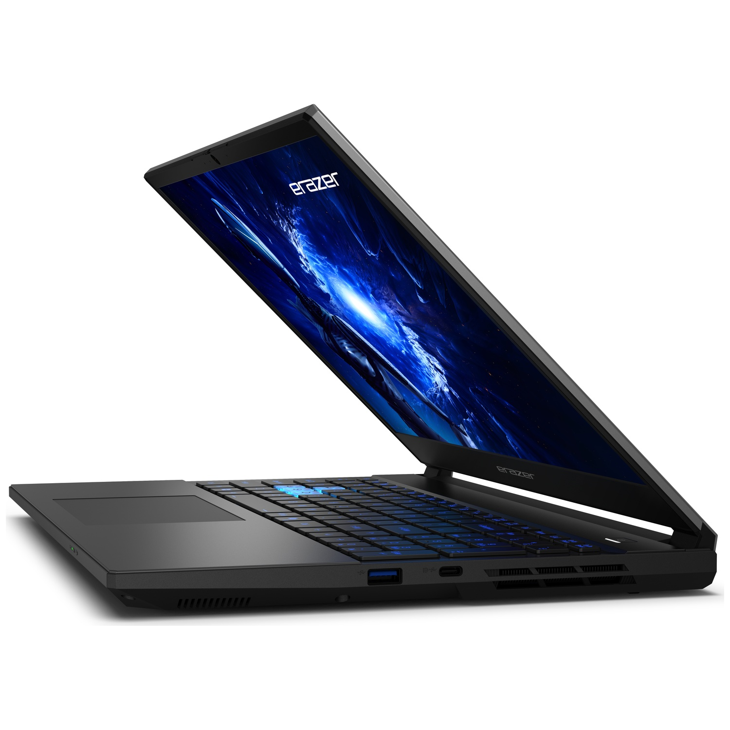 Black laptop with blue backlit keyboard, open on a white background. The screen displays a blue and black design.